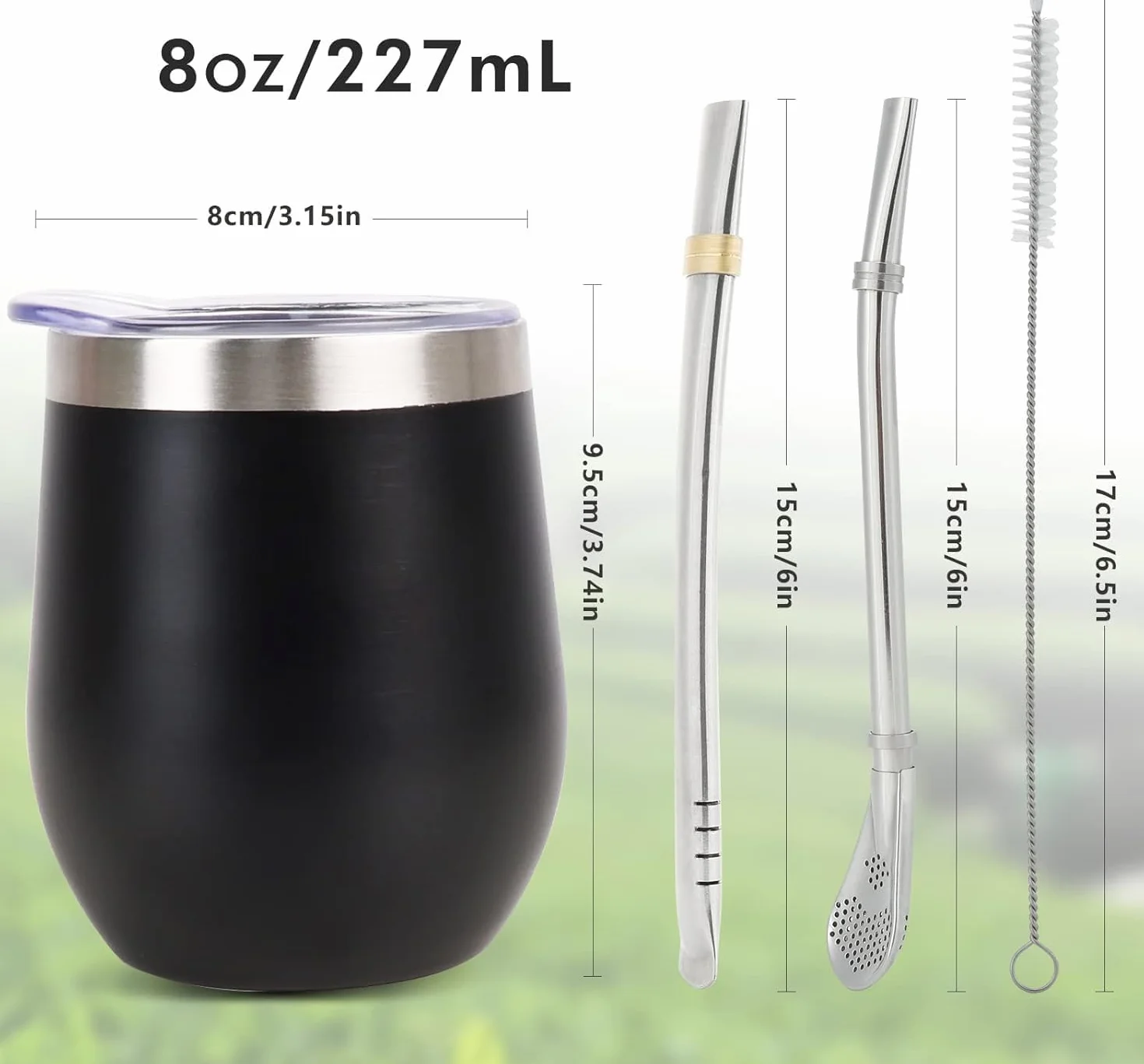 Dwuściankowa, odporna na wysokie temperatury filiżanka do herbaty Mate ze stali nierdzewnej z pokrywką bez BPA, dwie słomki i szczotka do czyszczenia (kolor szary)