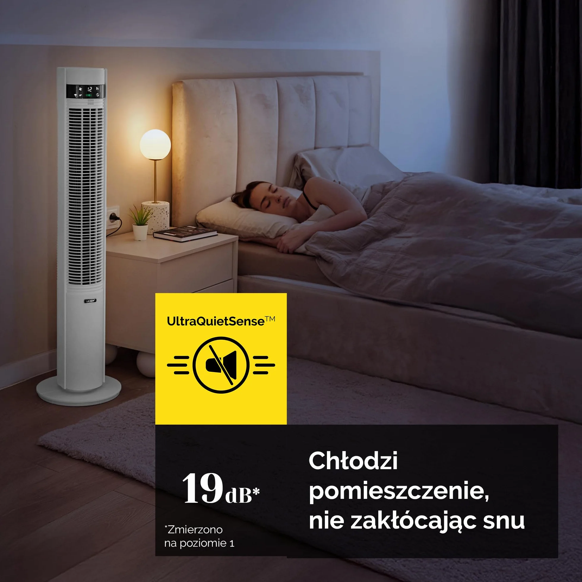 Yoer 19dB Cichy Wentylator kolumnowy, Jonizator plazmowy, 12 m Zasięg nawiewu, 12 Prędkości pracy, 3 Tryby pracy, 12h Timer, 80° Oscylacja, Pilot zdalnego sterowania, CoolWhisper TF07W, biały