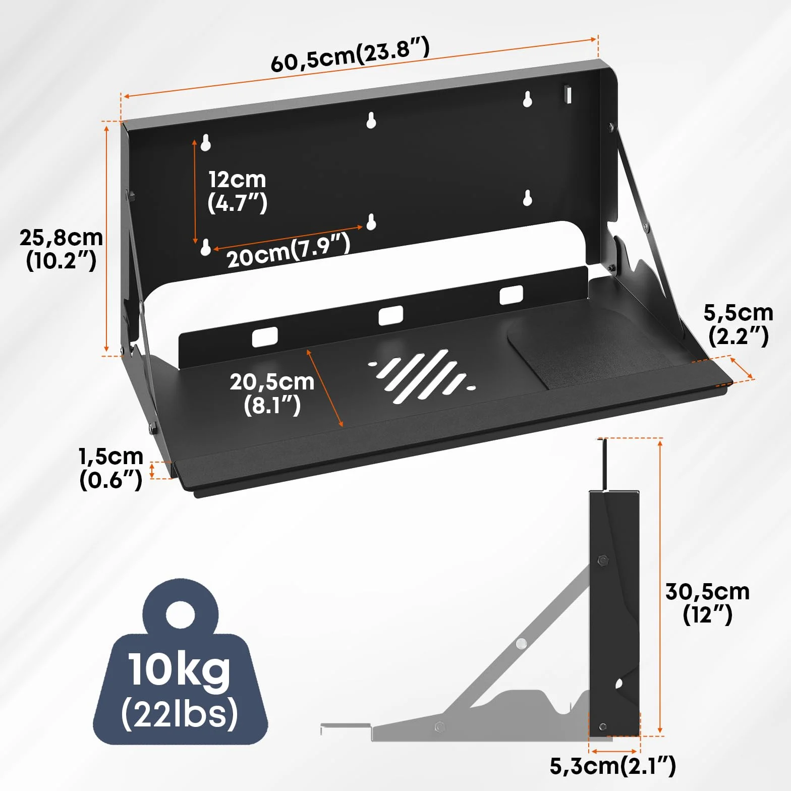 Uchwyt ścienny z dużą tacą na klawiaturę, 10 kg, składana platforma, pasuje do standardowych klawiatur i myszy, ergonomiczna podkładka pod mysz w zestawie