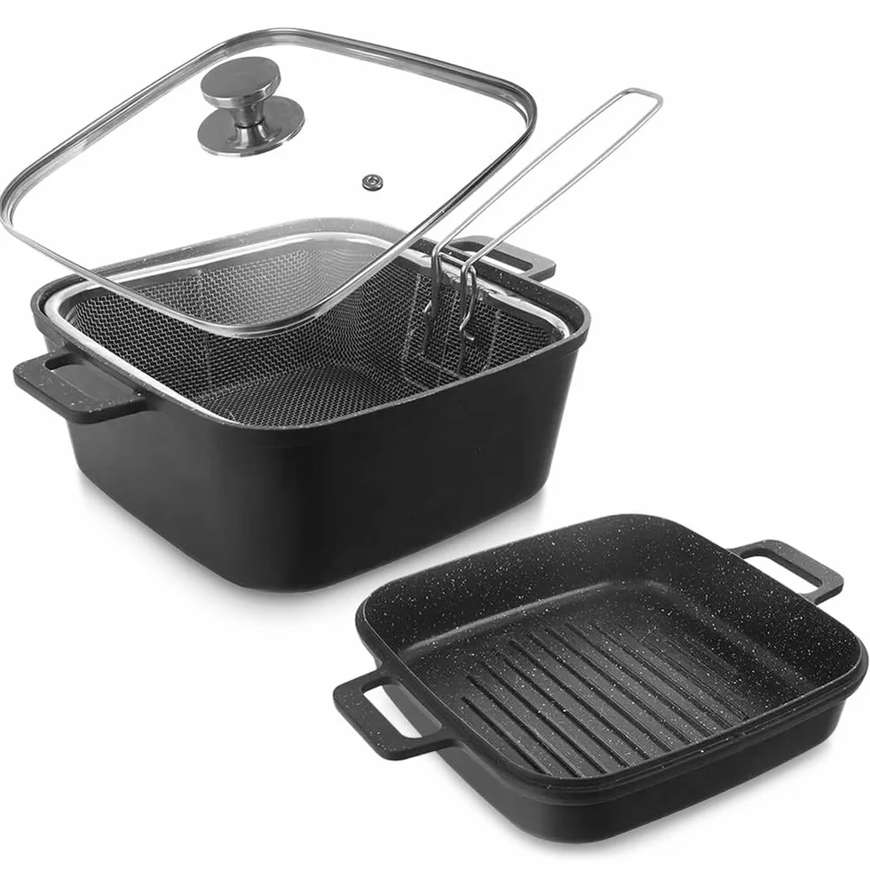Orion Grande 4-częściowy zestaw garnków granitowych ze szklaną pokrywką, patelnią do grillowania i koszem do smażenia, garnek do gotowania 4,5 l i patelnia 2 l, indukcja i piekarnik, powłoka