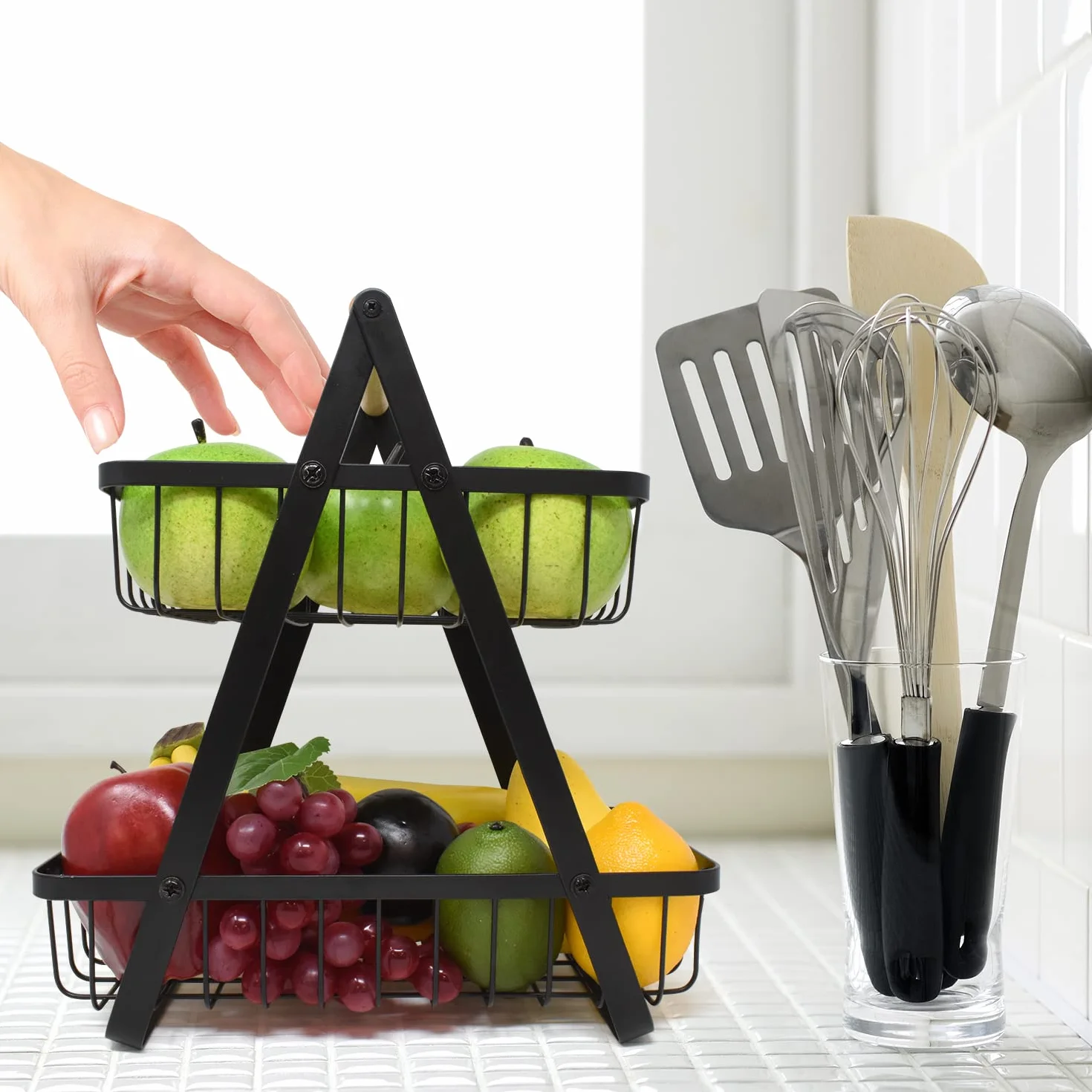 Joeji's Kitchen Czarny 2-poziomowy stojak do przechowywania owoców i warzyw, kosze na owoce ze stali nierdzewnej do kuchni, oszczędzający miejsce kosz na warzywa i kosz na owoce