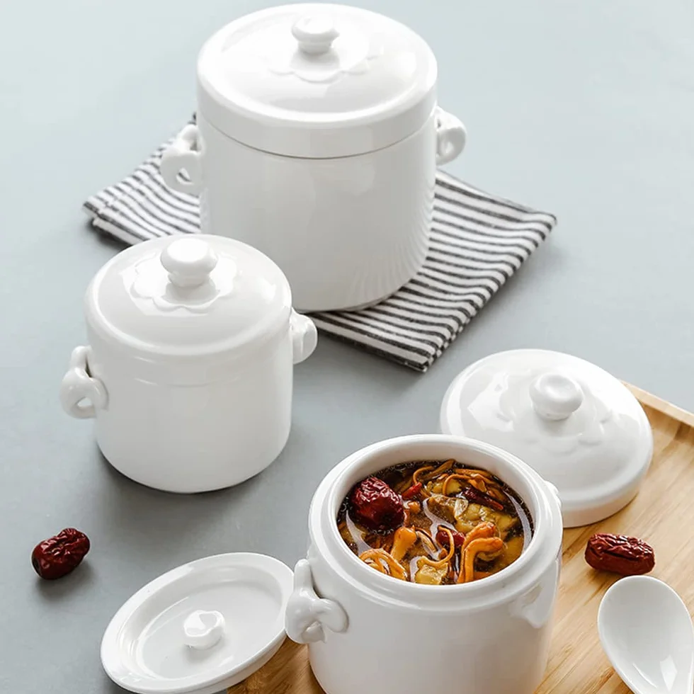 Porcelanowa miska na zupę z pokrywką, podwójna kuchenka ceramiczna (1100 ml)