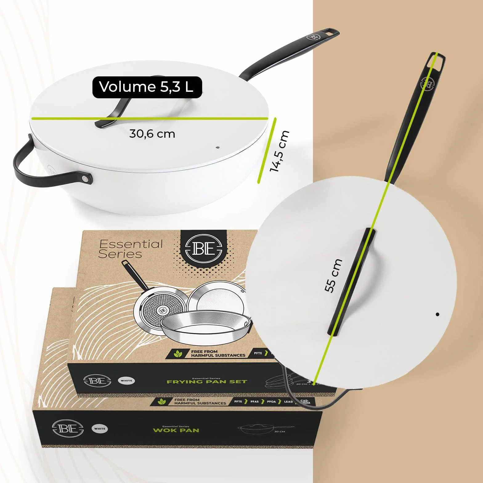 BE Living Essential 5-częściowy zestaw garnków, Ø 20, 24 i 28 cm patelnia do smażenia + Ø 30 cm patelnia do gotowania + Ø 28 cm, zestaw patelni, ceramiczne, bez PFAS, indukcja, biały