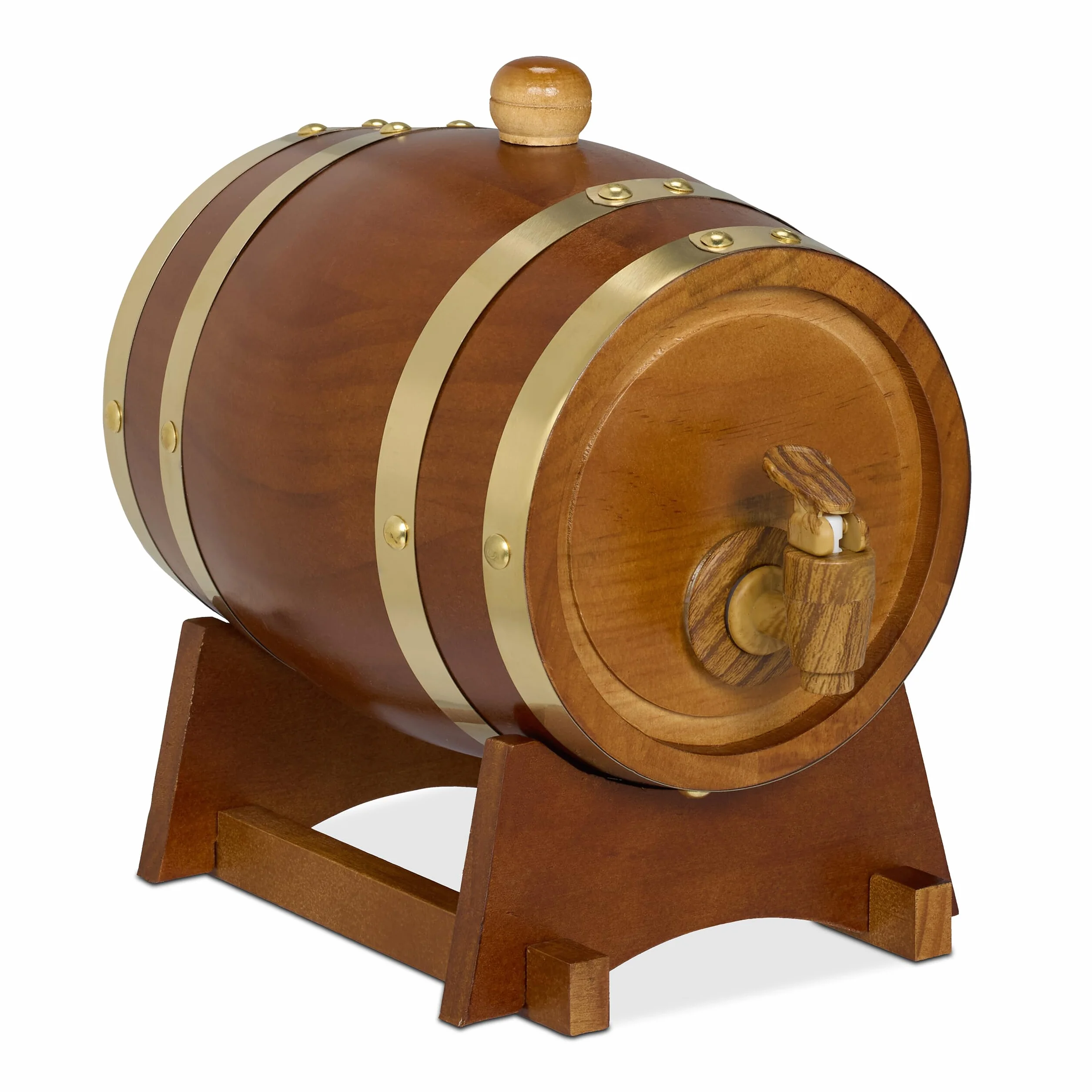 Relaxdays Beczka na whisky, 1,25 l, drewniana, z koziołkiem i kranikiem, na wino, alkohole, dekoracyjna beczka drewniana, ciemnobrązowa