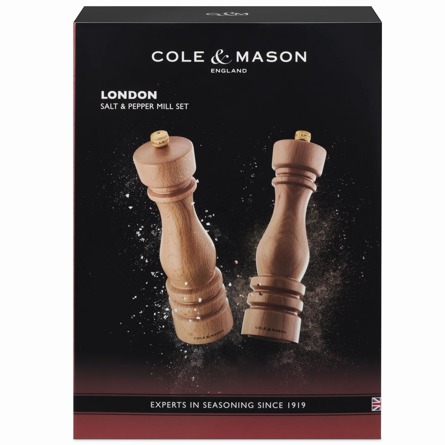 Cole & Mason London Zestaw młynków do soli i pieprzu z naturalnego buku, 220 mm, precyzyjne mechanizmy węglowe/ceramiczne, młynki do soli i pieprzu z regulowanym mieleniem, drewno bukowe, zestaw