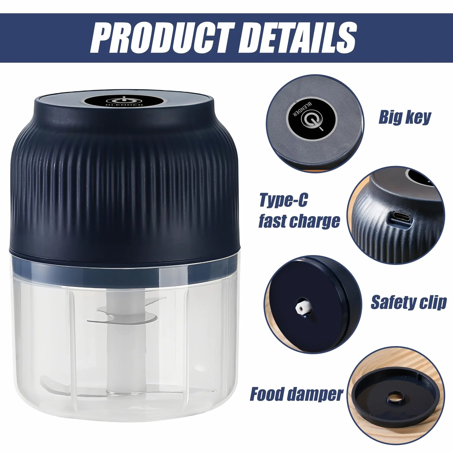 Mini elektryczny rozdrabniacz akumulatorowy 300 ml USB siekacz do czosnku, warzyw (niebieska)
