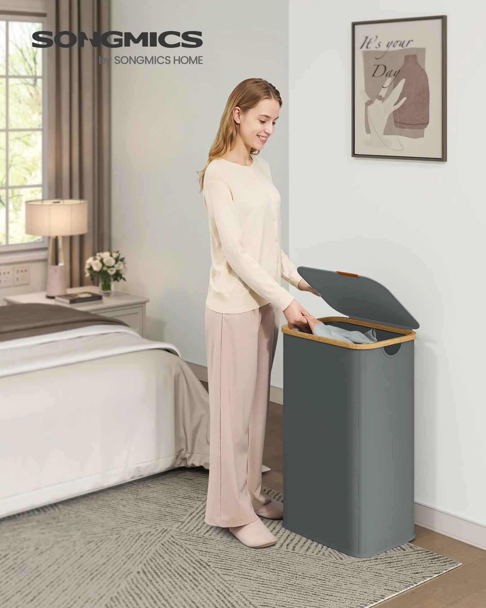 SONGMICS LCB518GN01 kosz na pranie z pokrywką, kosz na pranie, tkanina Oxford, składany, rama bambusowa, do sypialni, salonu, 60 g, 100 l, 42 x 32 x 70,5 cm, szary łupkowy