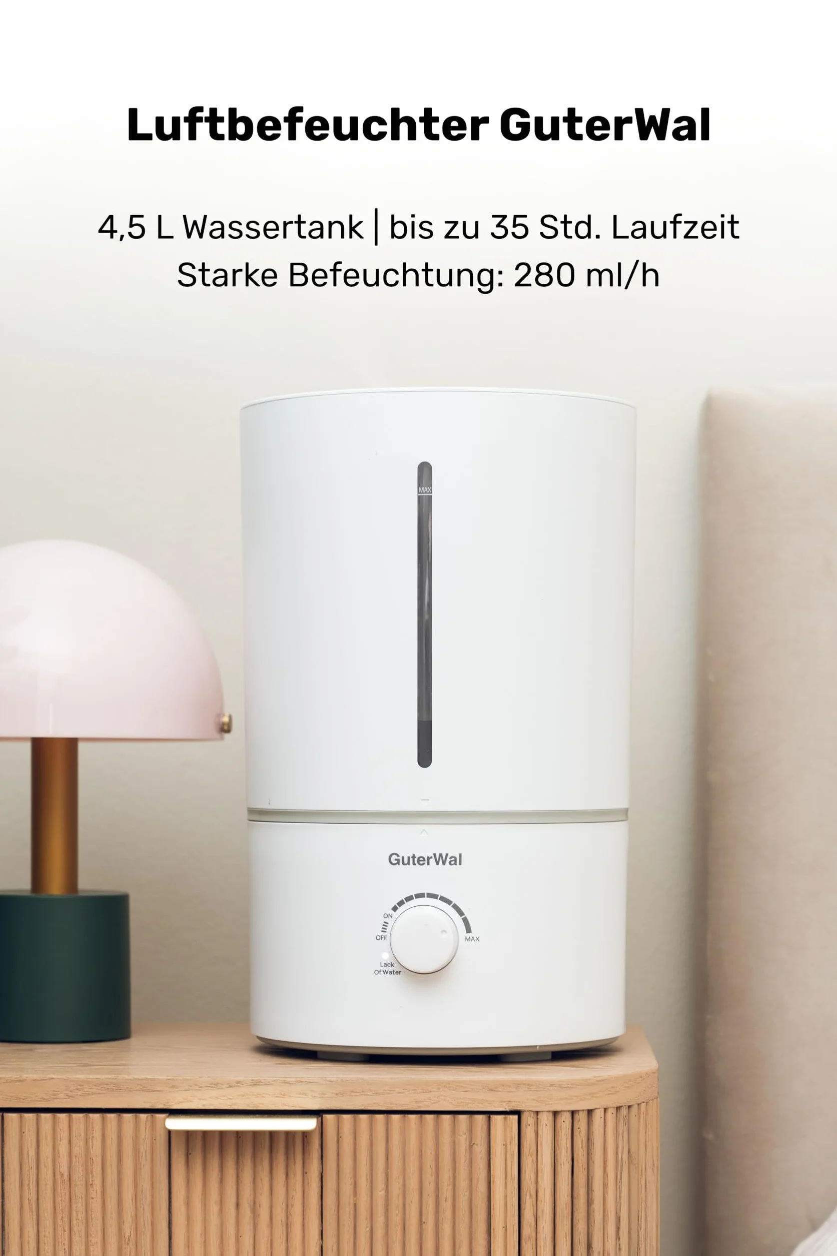 L4 nawilżacz powietrza – zbiornik na wodę 4,5 l, czas pracy do 35 h, cicha praca < 38 dB, moc 280 ml/h, technologia ultradźwiękowa do pomieszczeń do 30㎡ – idealny do sypialni, biura i domu