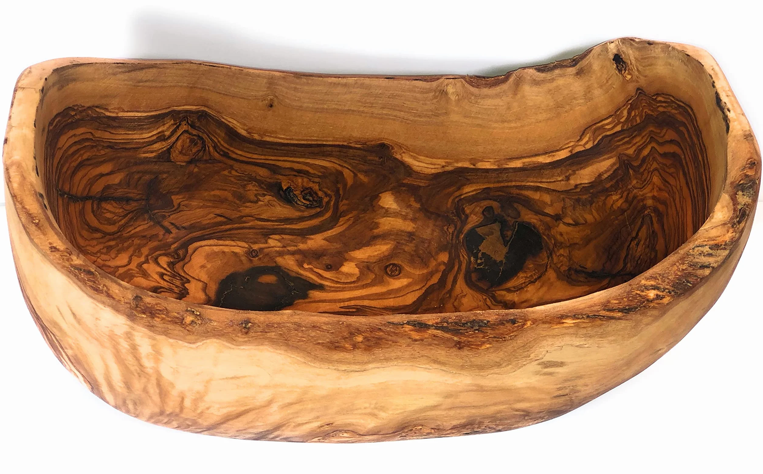Rustykalna owalna miska na ciasto z drewna oliwkowego 30 cm rustykalna miska na chleb od sadu liściastego - w kształcie łodzi - żywa krawędź kory. Wystrój domu wiejskiego na owoce, sałatki, przekąski,