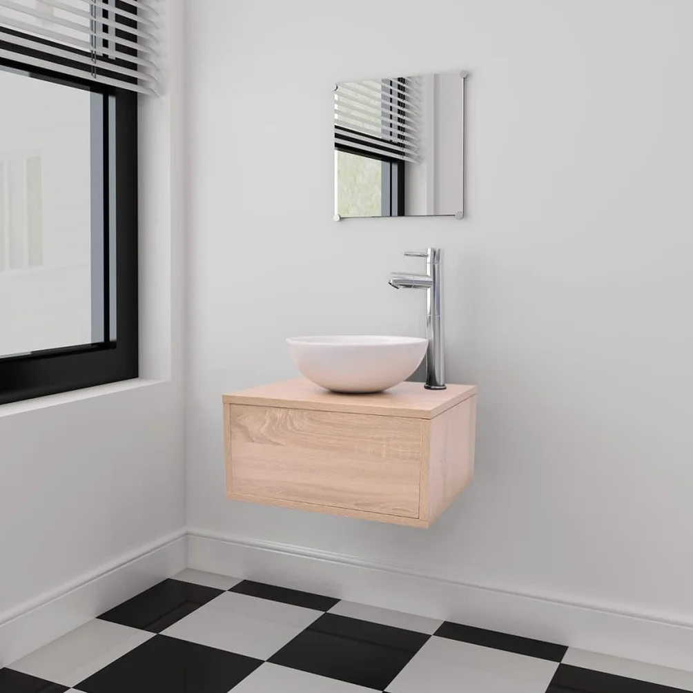4-częściowy zestaw mebli łazienkowych beżowy z szafką dolną do montażu na ścianie, umywalka ceramiczna i bateria jednouchwytowa, nowoczesne meble łazienkowe