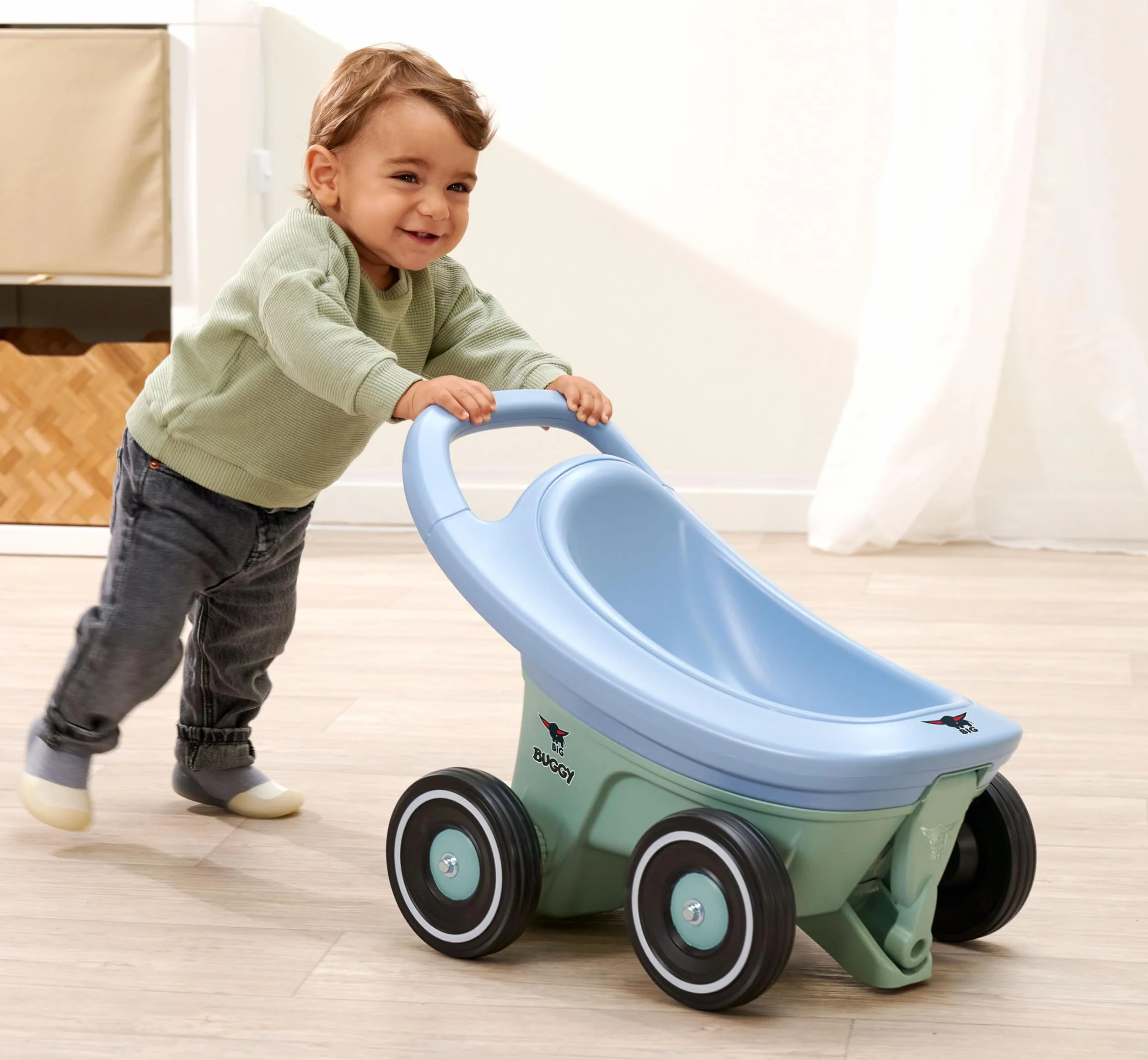 Big Buggy 3 w 1 wózek do nauki chodzenia z regulowaną funkcją hamowania, przyczepa, w zestawie 4 kółka szeptane, niebiesko-turkusowy Big Buggy, dla dzieci od 1 roku życia