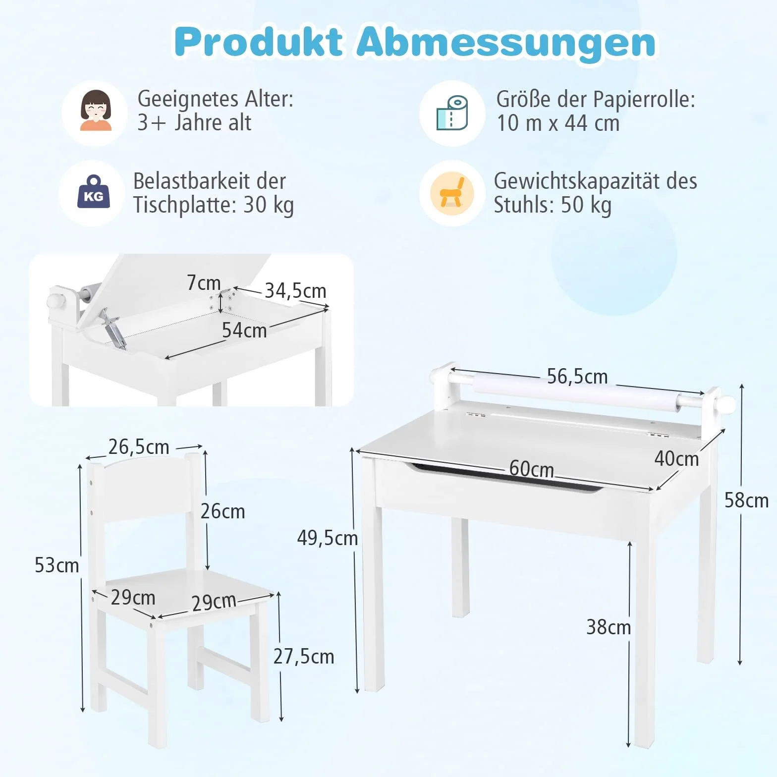 COSTWAY Biurko dziecięce z krzesłem, stół dziecięcy ze składanym blatem, biurko młodzieżowe z uchwytem na rolki papieru i markerami, biurko dla dzieci od 3 lat (białe)