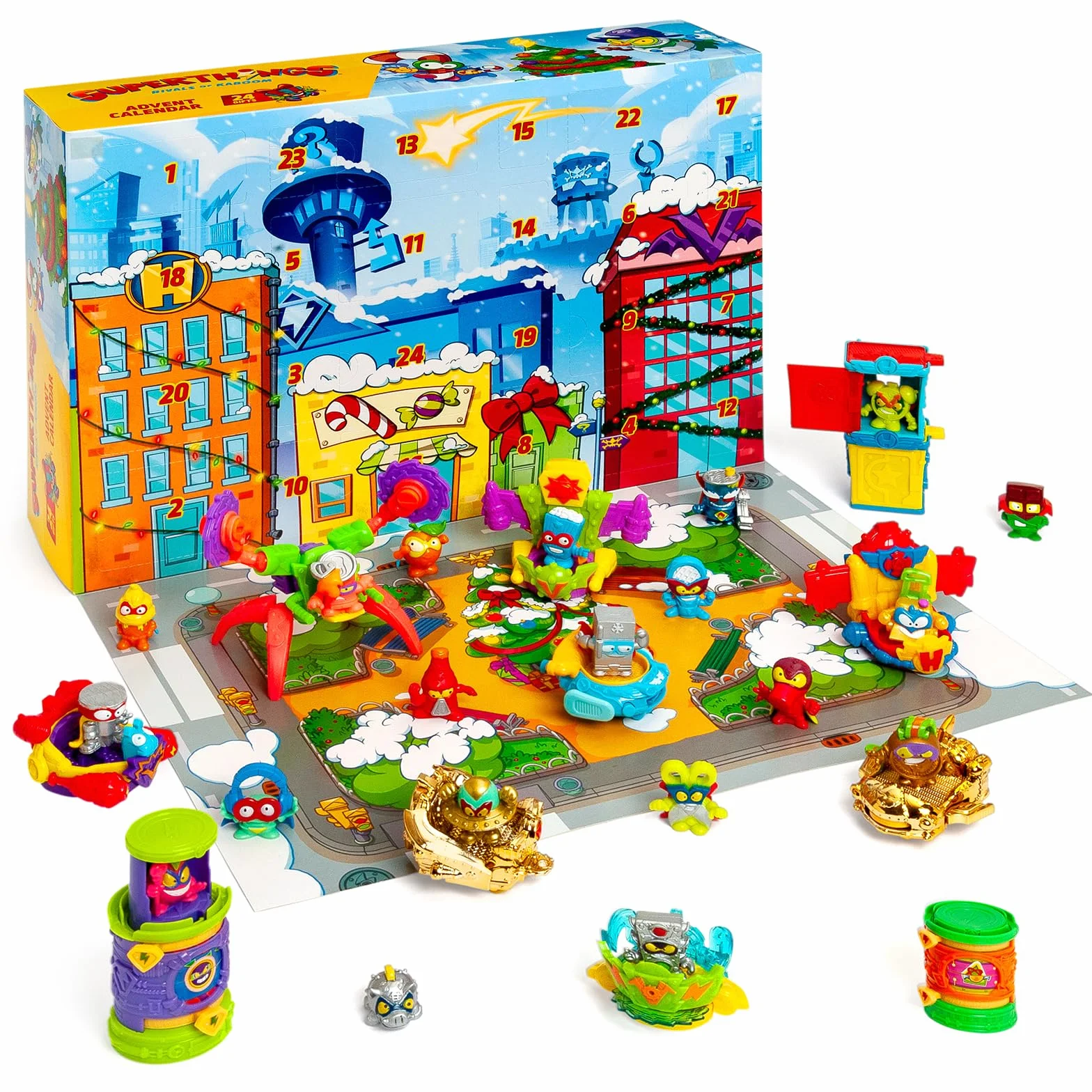 SUPERTHINGS S Kalendarz Adwentowy bożonarodzeniowy z 24 specjalnymi prezentami i niespodziankami, w tym minifigurki Superthings, Hideouts, Jets, egzoskeletons i pojazdy specjalne
