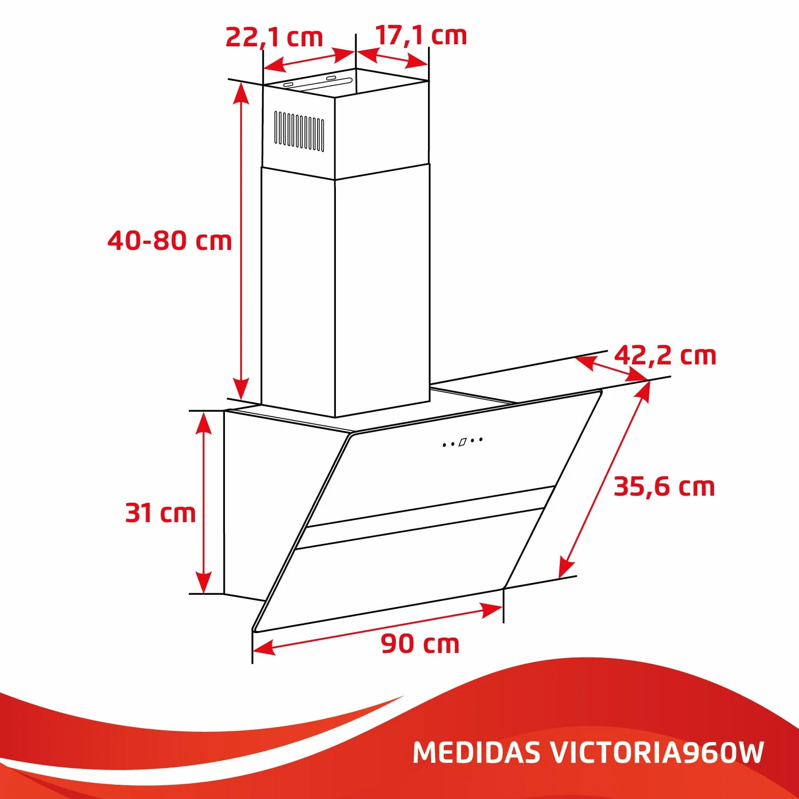 Corberó VicTORIA960W Dekoracyjny Dzwonek, 90 cm, 165 W, 3 prędkości, Control Touch, Przepływ 594,2 m3/h, kolor szkła hartowanego, 1 x filtr aluminiowy, filtr węglowy, energia A
