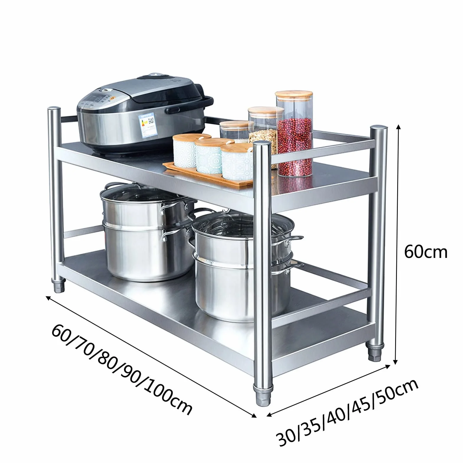 Przemysłowy regał kuchenny z półkami ze stali nierdzewnej, 2-poziomowe, metalowe regały do garażu, łatwy w montażu, srebrny (100 x 50 x 60 cm)
