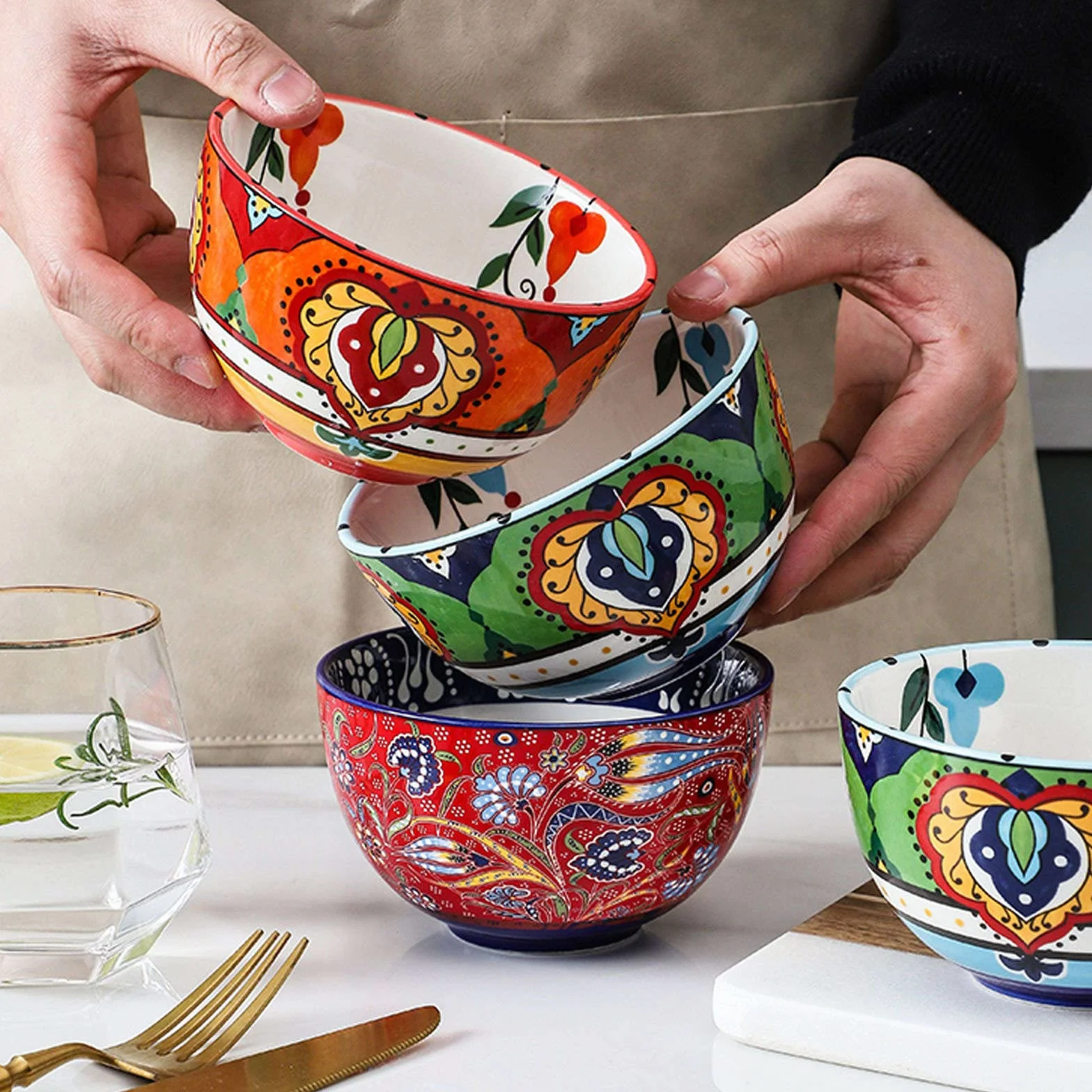 13 cm piękny wzór w stylu boho ceramiczne miski na ryż, miska na płatki śniadaniowe na śniadanie, małe miski na popcorn miska do serwowania zupy przekąski-H-1
