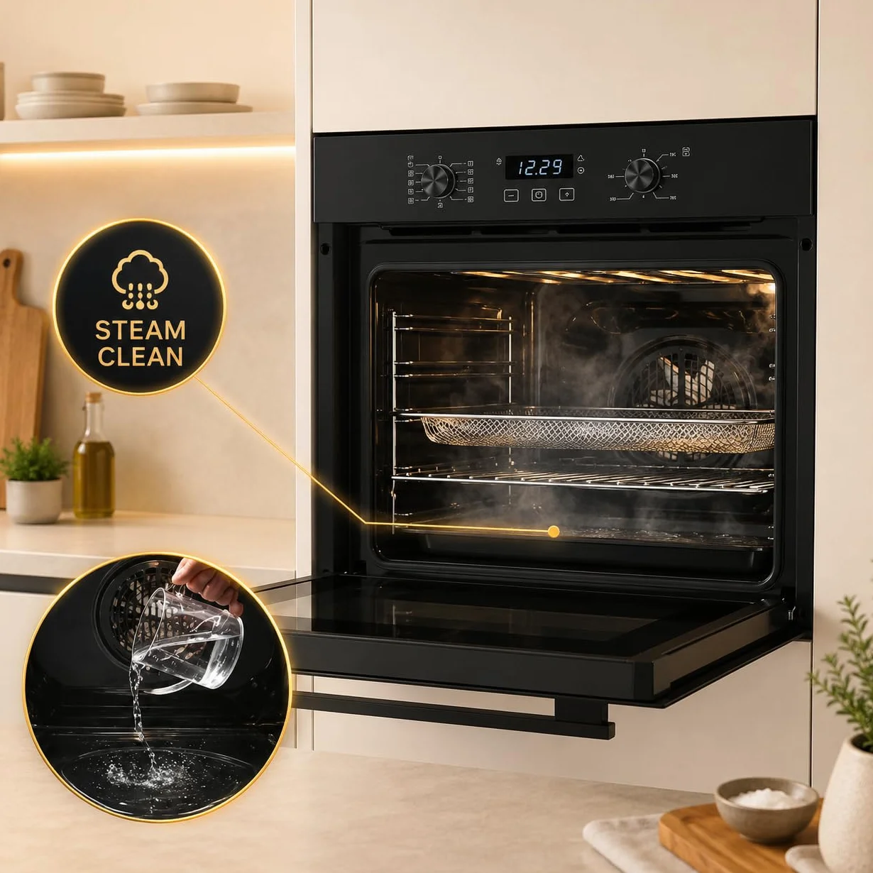 AQUA CLEAN zestaw kuchenek gazowych | piekarnik do zabudowy 60 cm | kuchenka gazowa z 5 żarówkami | kuchenka gazowa z timerem | zabezpieczenie przed dziećmi | grill | gorące powietrze | Aqua Clean