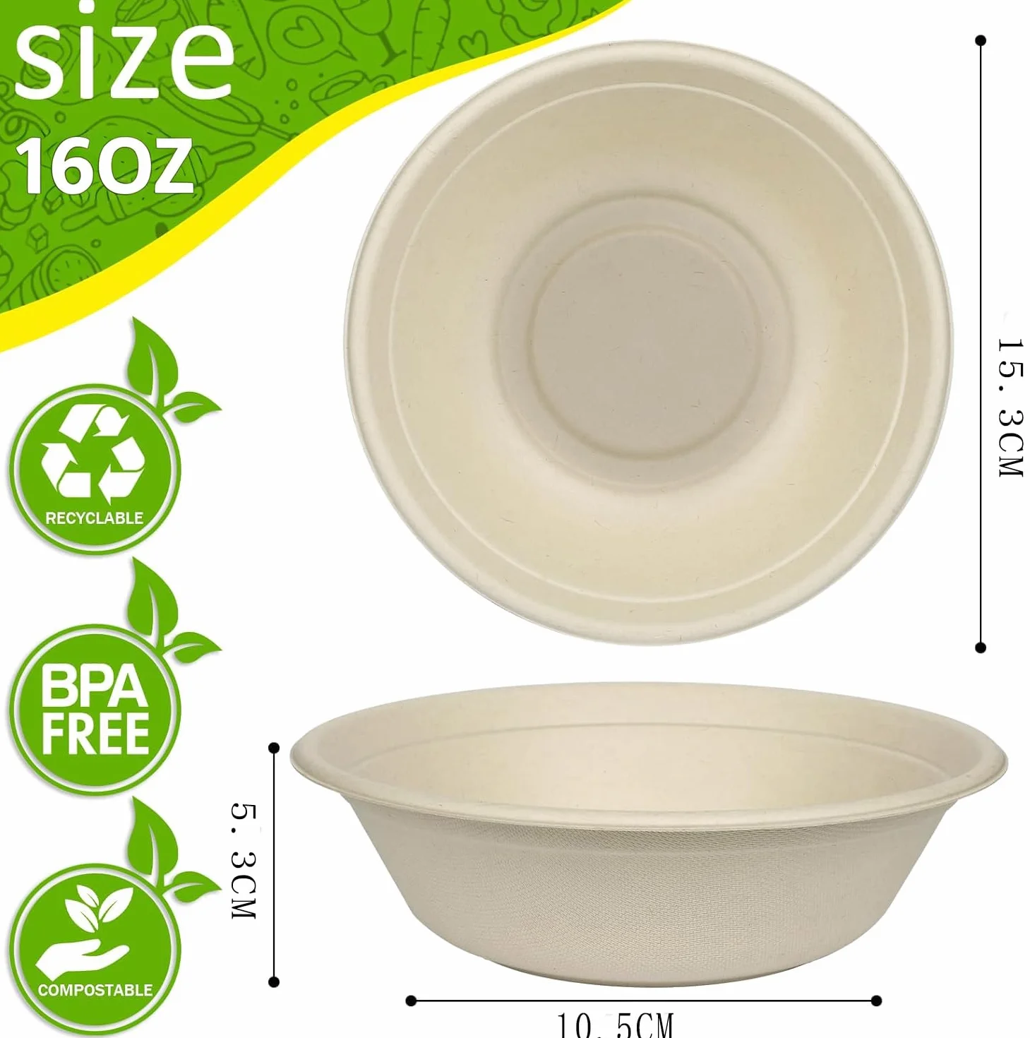 50 sztuk jednorazowych tacek papierowych 500 ml, przyjazne dla środowiska, jednorazowe miseczki z celulozy bagassowej, biodegradowalne i kompostowalne, jednorazowe miseczki na zupę, nadają się do