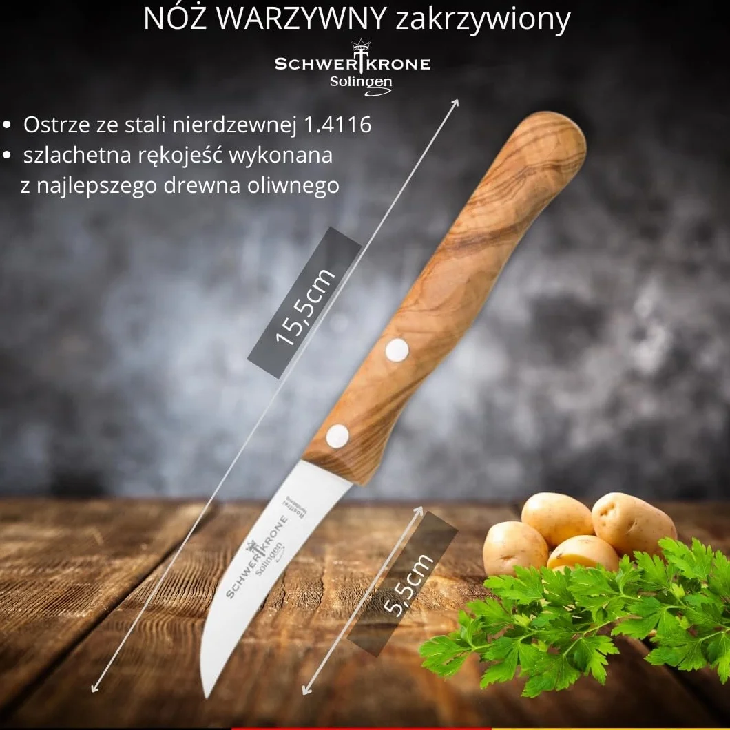 Schwertkrone Nóż Solingen, 1 szt., drewno oliwne, nóż do owoców, warzyw, ostry nóż do obierania, 15,5 cm, nierdzewny, wygięty w kształt ptasiego dziobu