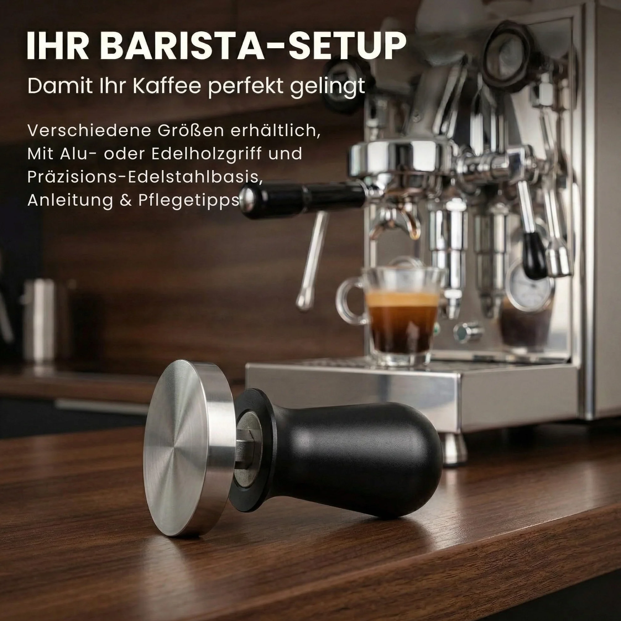 scarlet espresso | Tamper „Perfetto” dla baristy; skalibrowany na 15,88 kg (35 lbs) siłę nacisku; z uchwytem z aluminium lub szlachetnego drewna i precyzyjną podstawą ze stali nierdzewnej (57 mm)