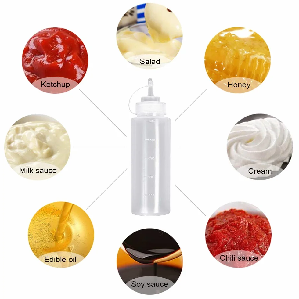 Butelka do wyciskania sosu 500 ml z nakrętką 4 szt. plastikowy dozownik do butelek do wyciskania przypraw, ketchupu, musztardy, Mayo, oliwy z oliwek, przezroczysty, 473 ml
