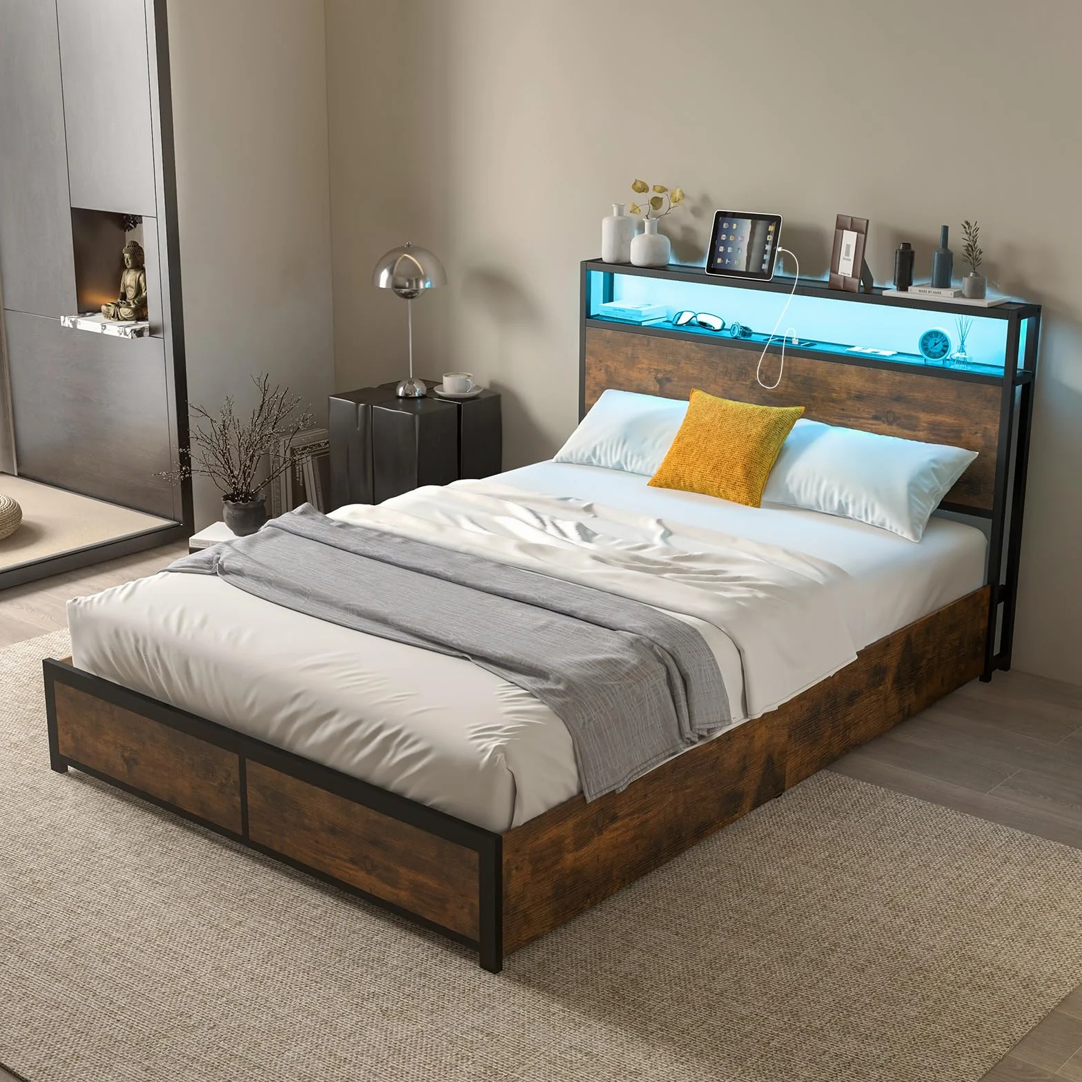 COSTWAY Łóżko z oświetleniem LED, stacją ładującą i 4 szufladami, łóżko z miejscem do przechowywania z zagłówkiem i stelażem, łóżko metalowe, z przemysłową ramą, dwuosobowe: 200 x 140 cm