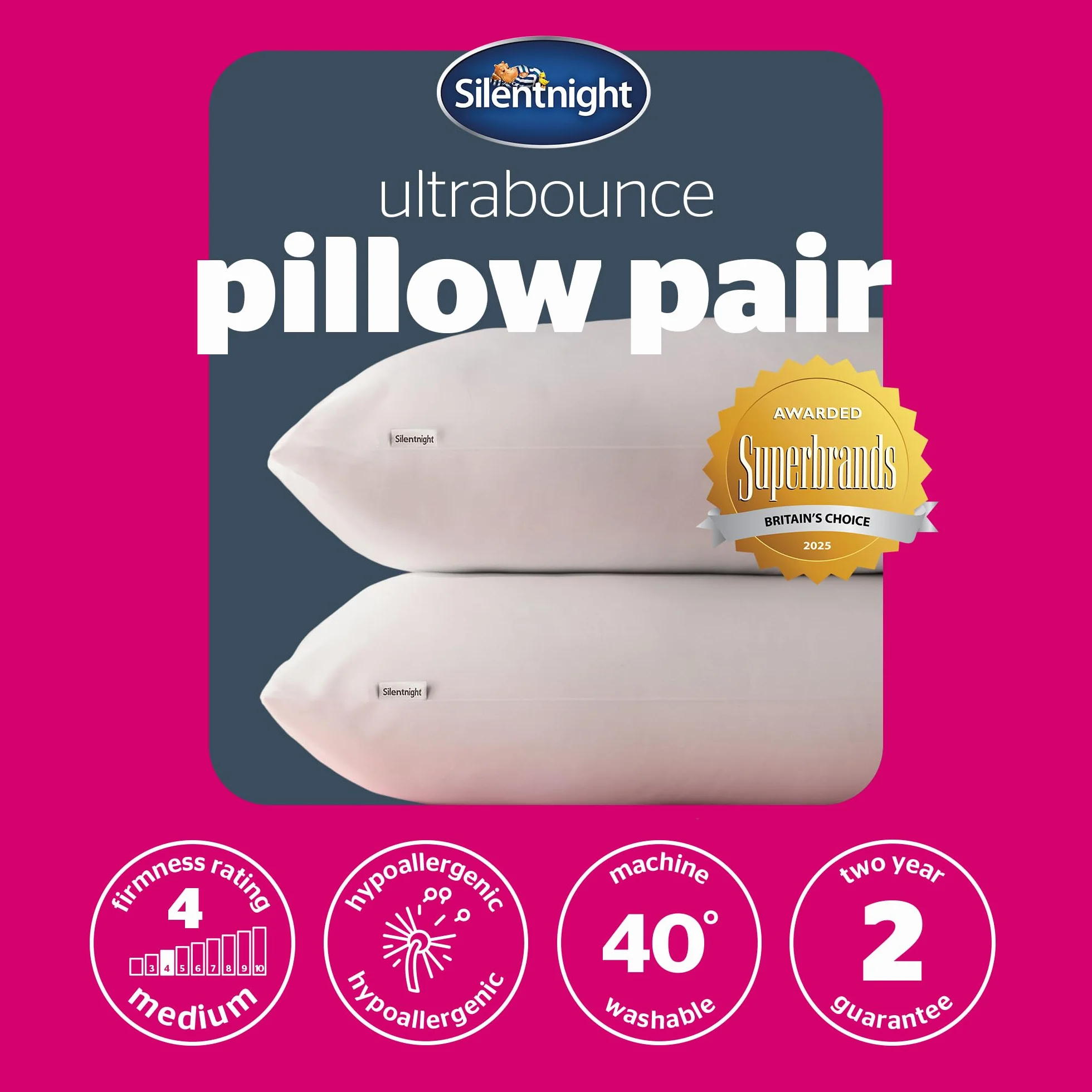 Silentnight Ultrabounce Poduszki do spania na brzuchu, plecach i na boku, miękkie, średnie podparcie, wygodne poduszki do spania na brzuchu, plecach i na boku, 2 sztuki, 2 sztuki