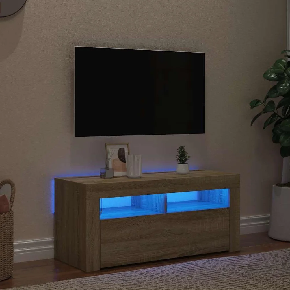 Szafka pod telewizor z diodami LED, dąb Sonoma 90 x 35 x 40 cm, nowoczesna szafka pod telewizor, wytrzymała uniwersalna podstawka pod telewizor, konsola multimedialna do salonu