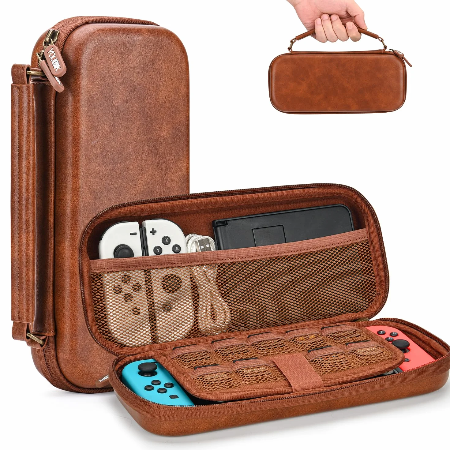 Younik Switch pokrowiec do NS Switch/Switch OLED, etui ze skóry PU z 9 kasetami do gier, przenośna torba do przenoszenia konsoli i akcesoriów (brązowy)