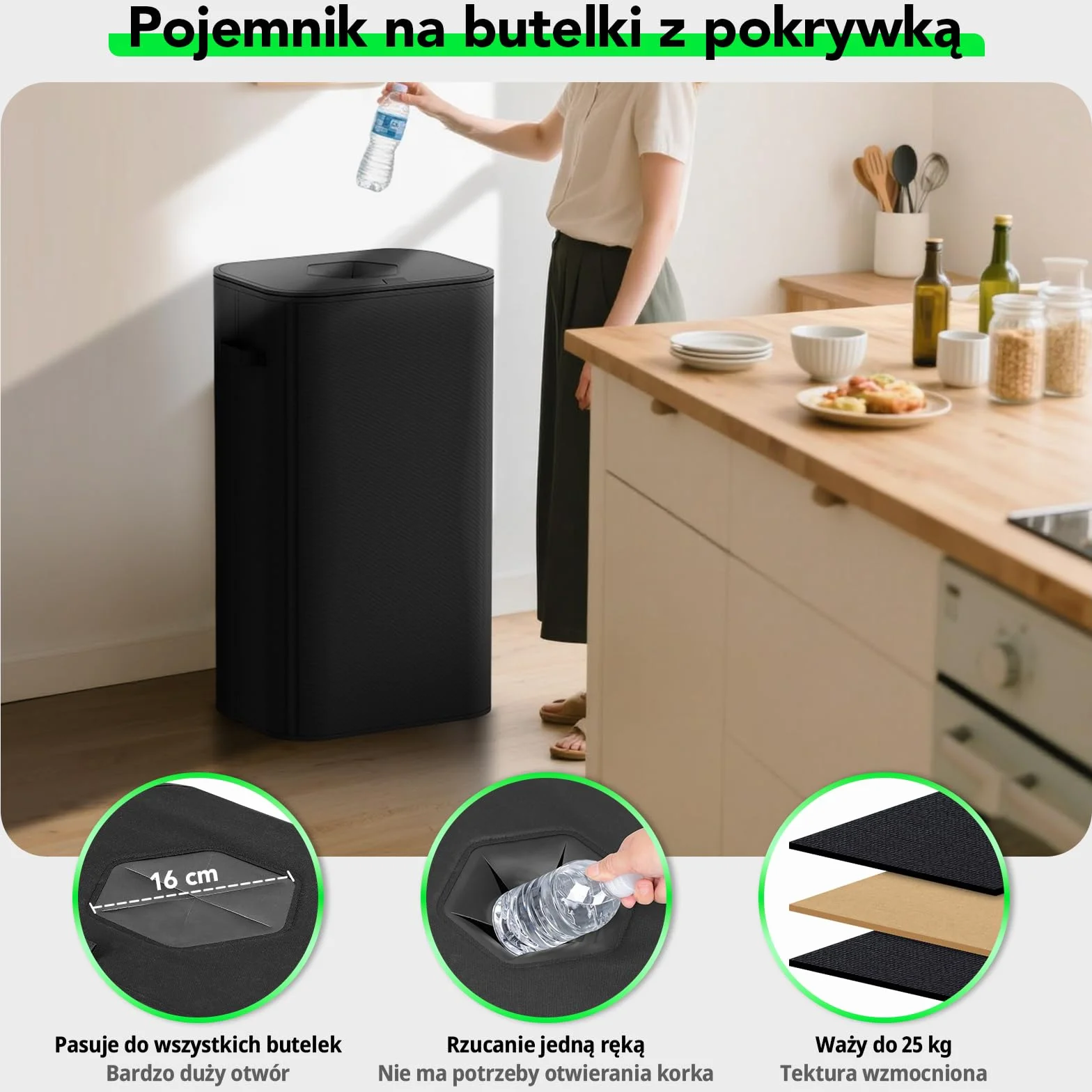110L Pojemnik na butelki depozytowe z pokrywką, duża torba do przechowywania depozytów, torba na opróżnione butelki z otworem do kuchni i gospodarstwa domowego (Czarny)