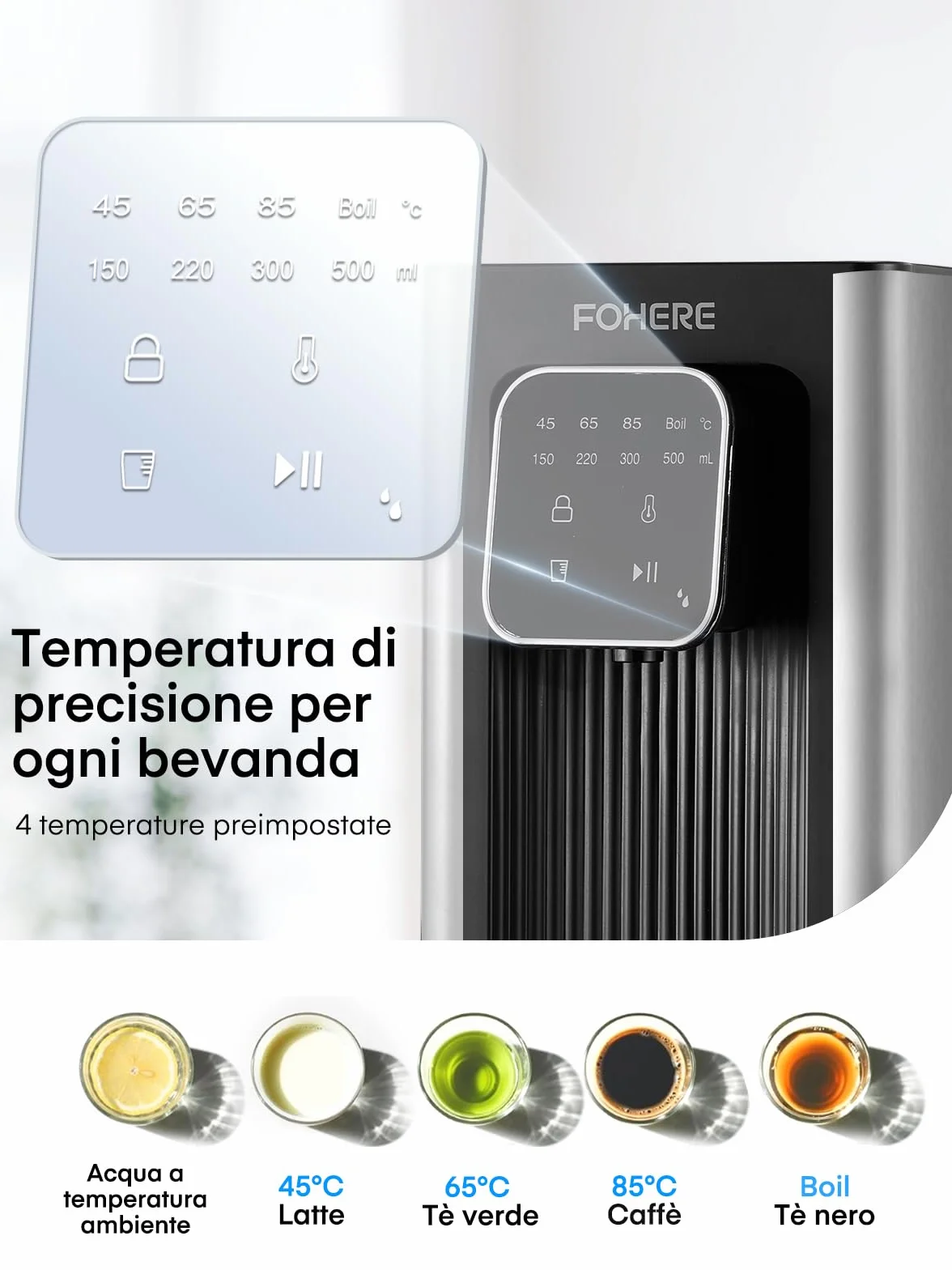 Dozownik ciepłej wody, 2600 W, ciepła woda w ciągu kilku sekund, 4 poziomy temperatury, 4 ilości wody, zbiornik 2,5 l, kompaktowy i energooszczędny, cyfrowy ekran dotykowy