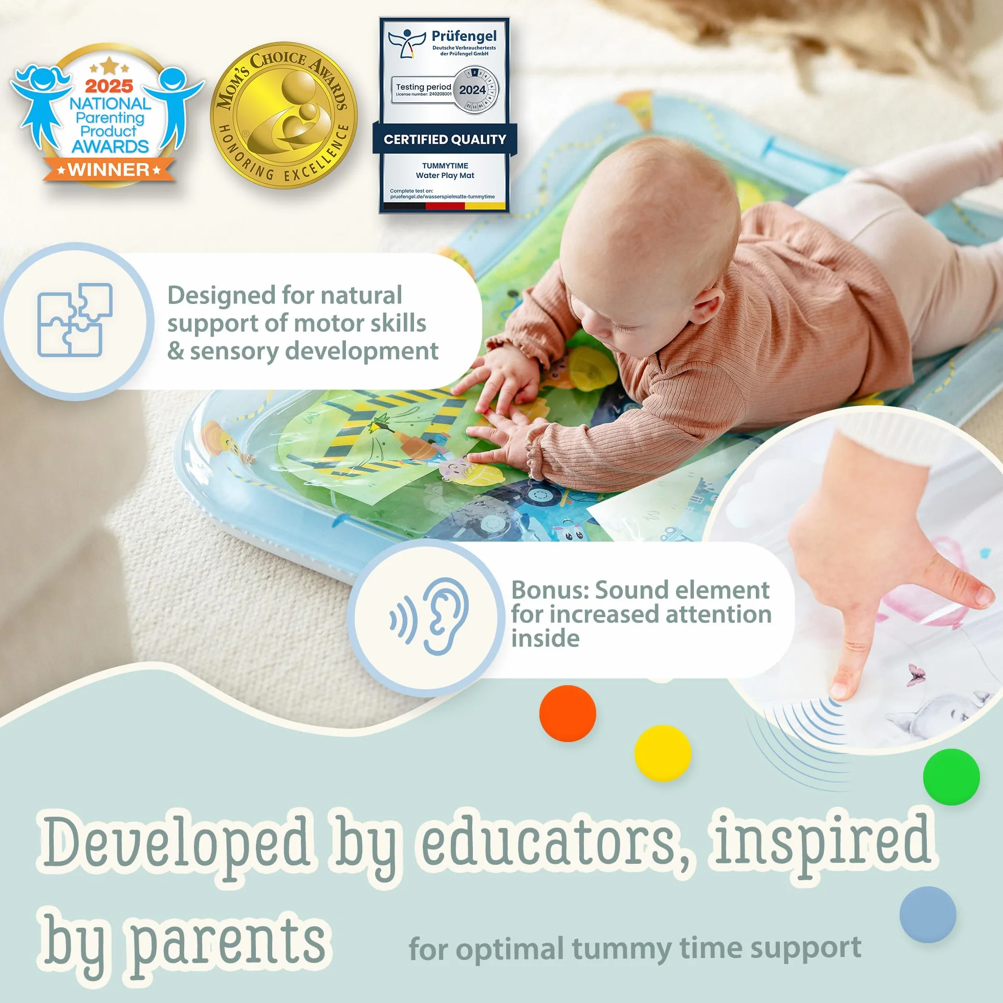 TummyTime mata wodna XXL od Freudeskind, mata do zabawy dla niemowląt, 100% ftalanów i BPA od 0, 3, 6, lub 9 do 24 miesięcy, sensoryczna mata do zabawy Montessori, zabawka dla niemowląt, pozycja na
