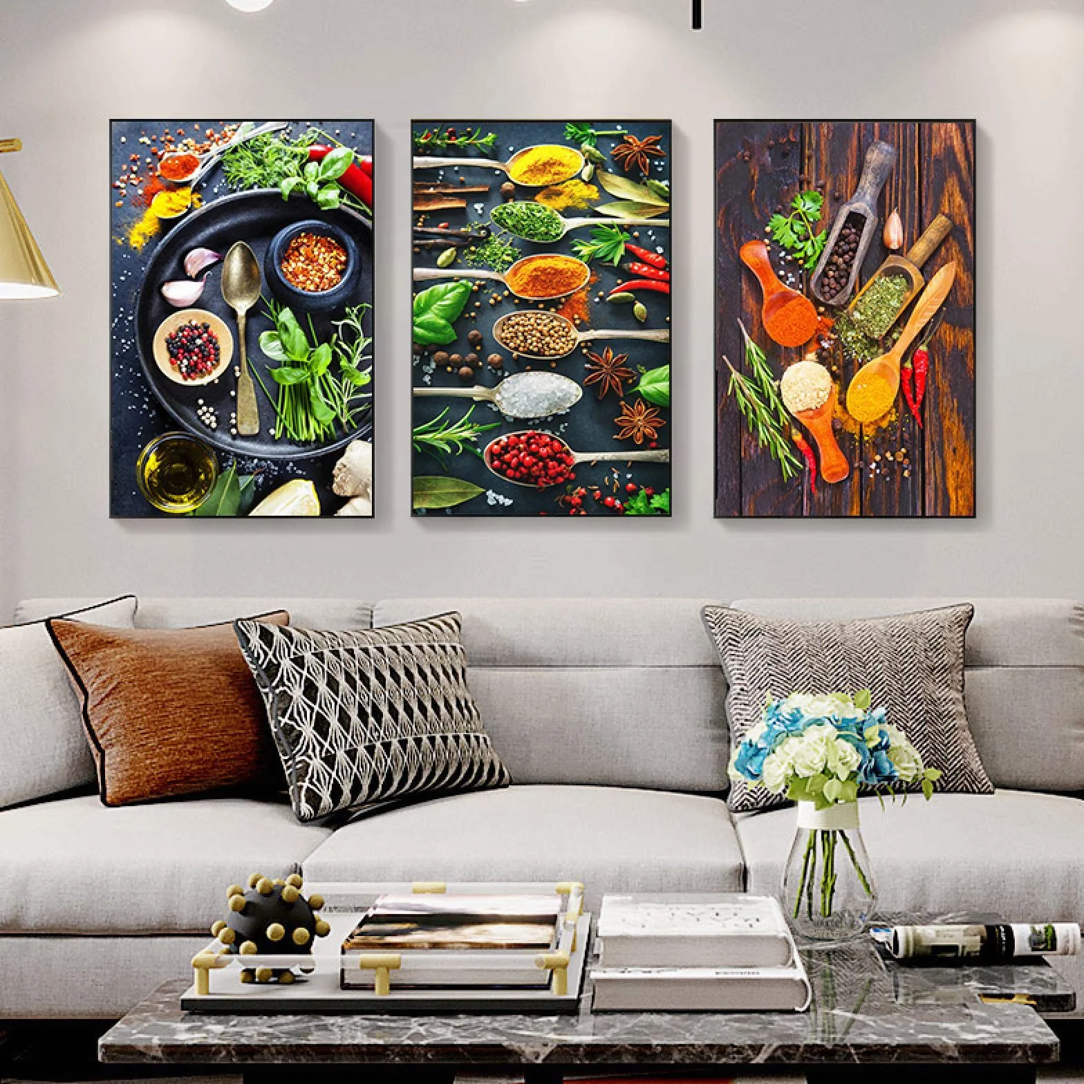 Wydruki na płótnie motyw kuchenny mieszanka ziół i przypraw obrazy artystyczne restauracja plakaty obrazy ścienne jadalnia dekoracja 45 x 60 cm x 3 szt. rama wewnętrzna