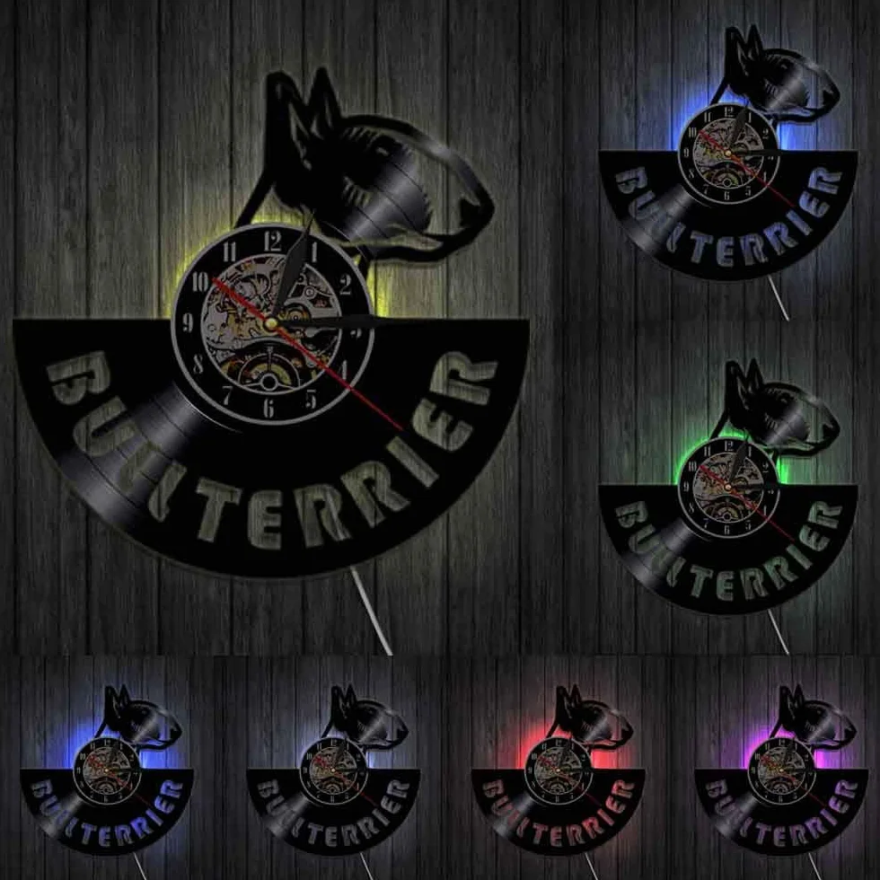ELD 30 cm angielski bulterier zegar ścienny szczeniak aniaml 3D płyta winylowa pies bulterrier miłośnicy zegarek kreatywny antyczny styl kolor światło 7 zmiana koloru prezenty dla przyjaciół
