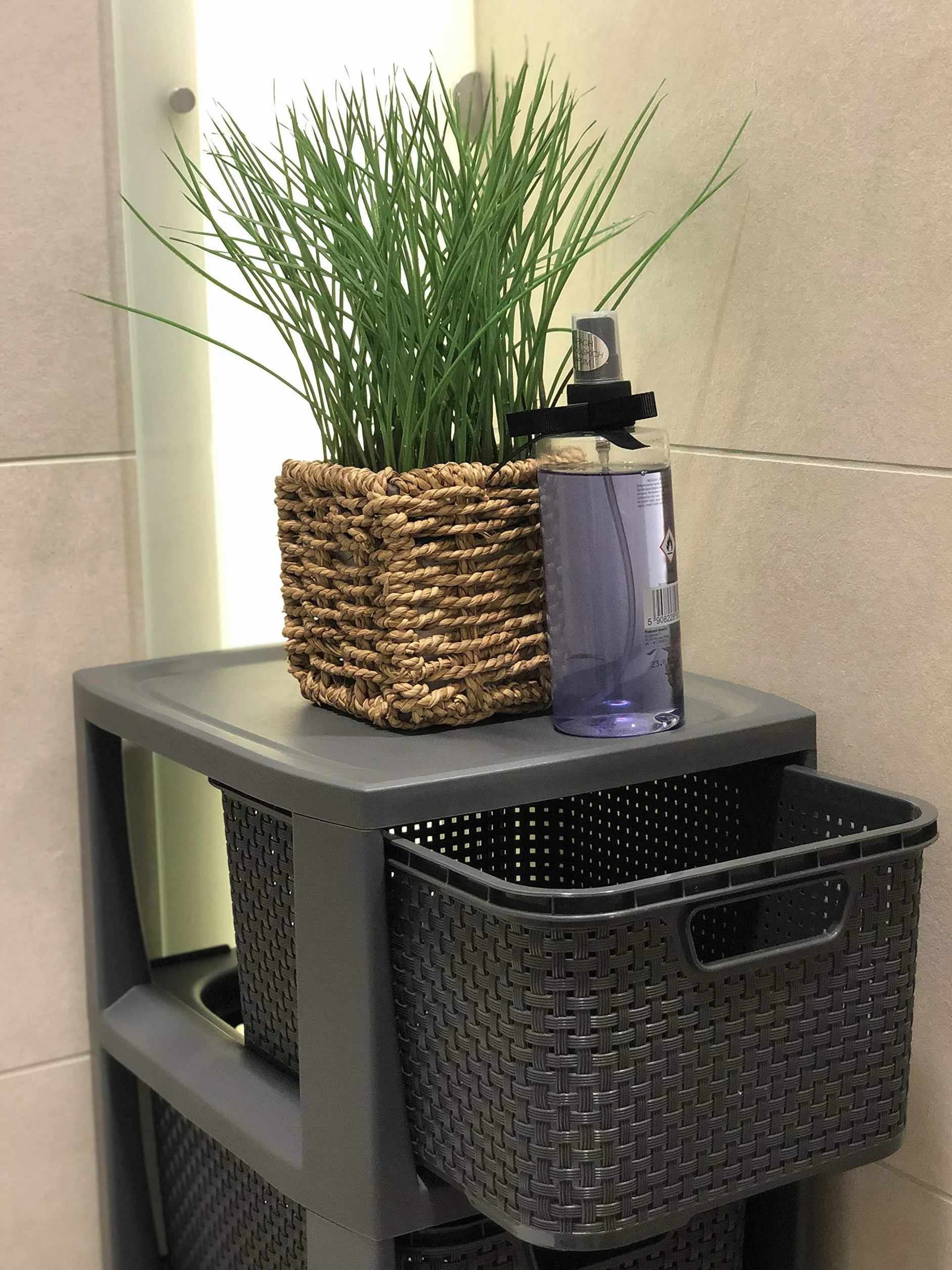 BranQ - Home essential Regał rattanowy, tworzywo sztuczne PP bez BPA, antracytowy, 29,5 x 24 x 80 cm, 5 koszy