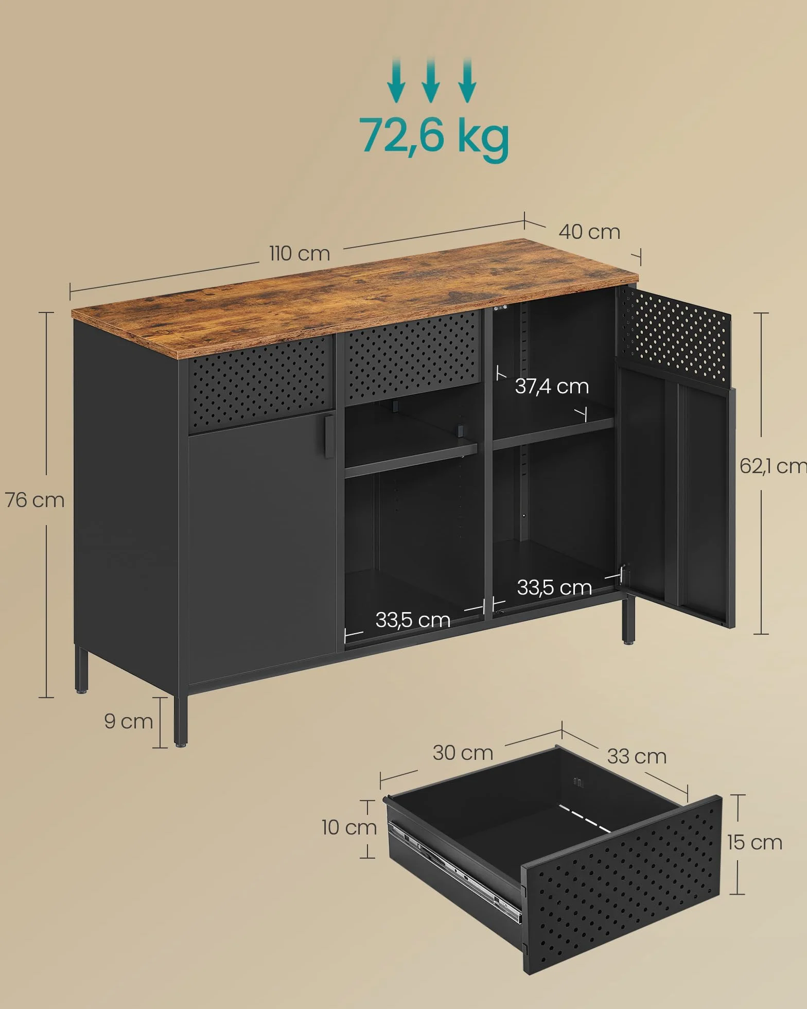 SONGMICS Szafka do przechowywania metalowa z podwójnymi drzwiami, zamknięcie magnetyczne, regulowane półki, stalowa rama, rustykalny brąz i matowa czerń LSC204B01