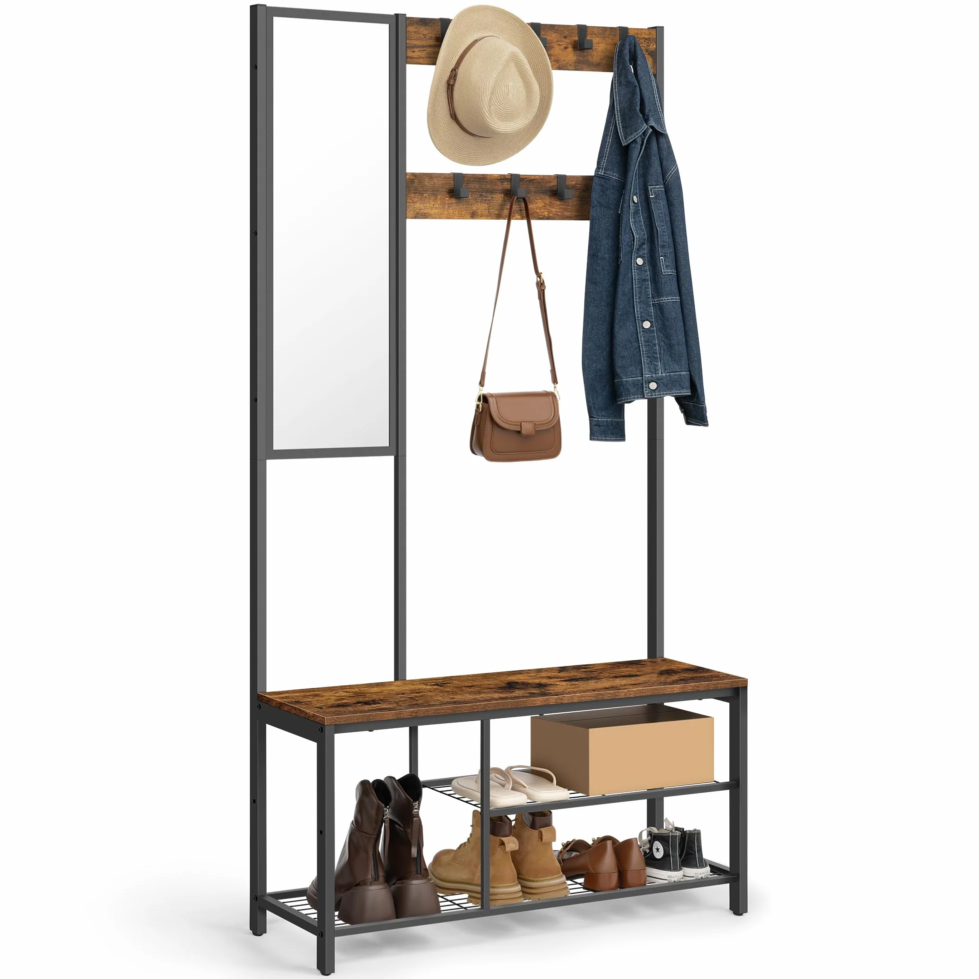 VASAGLE HSRAM050B01 wieszak na ubrania z haczykami, wieszak na ubrania z lustrem, szafka na buty i półkami, 36 x 98 x 185 cm, do korytarza, sypialni, salonu, brązowo-czarny vintage