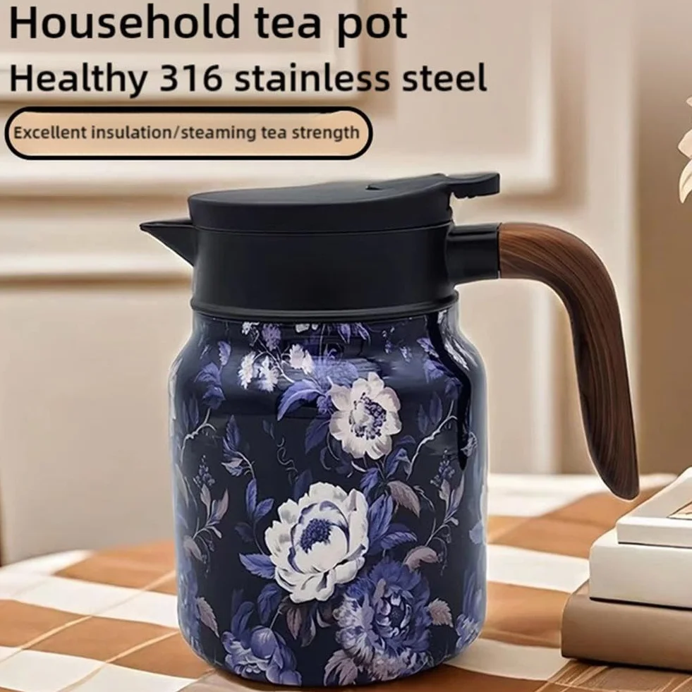 Dzbanek do herbaty w stylu vintage, kwiatowy wzór, 1000 ml, wbudowany zaparzacz do herbaty w stylu vintage, karafka termiczna ze stali nierdzewnej z pokrywką, do gorących napojów, mini dzbanek do kawy