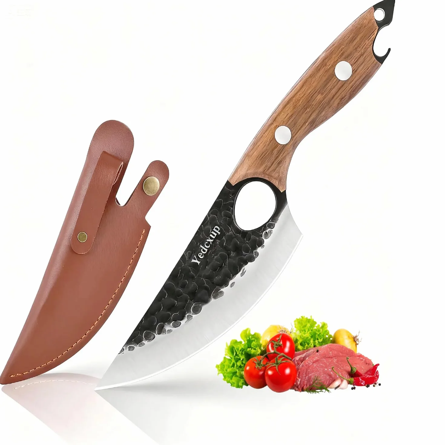 Nóż szefa kuchni 15 cm, ostry, japoński nóż kuchenny ze stali nierdzewnej HC, solidne noże outdoorowe ze skórzaną osłoną, do domu, grilla, na kemping, idealny do cięcia, odkostniania i siekania
