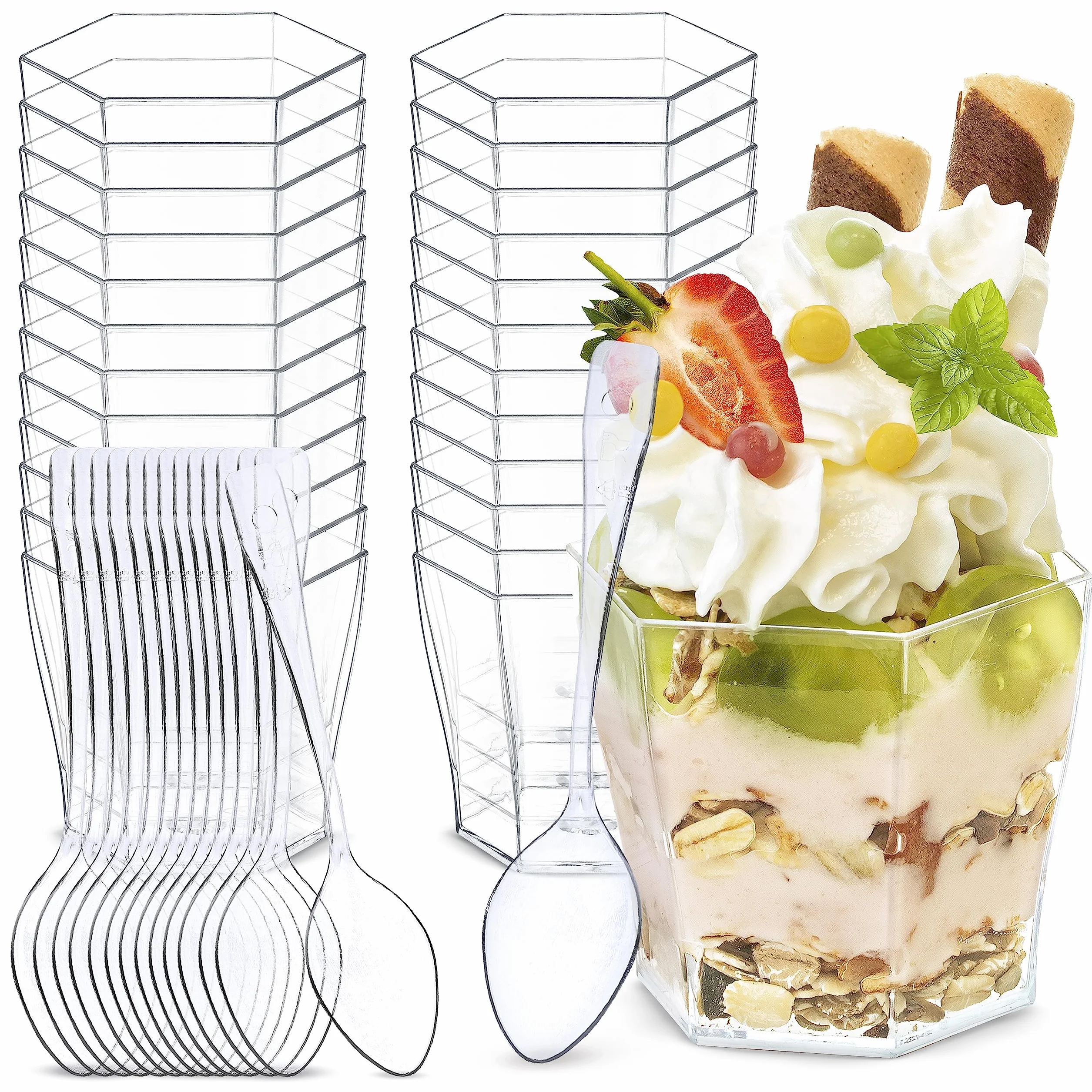 48 sztuk kubków deserowych, szklanek deserowych, z łyżeczkami, wielokrotnego użytku, plastikowe kubki deserowe, na desery, musy, imprezę, miseczki deserowe (60 ml)