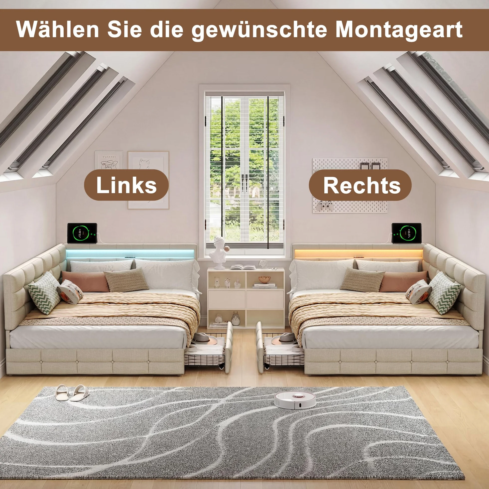 Łóżko tapicerowane Schlafsofa 140x200 cm, łóżko dzienne z 2 szufladami i stelażem z listew, sofa-łóżko, łóżko dwuosobowe z diodami LED i USB, łóżko dzienne, łóżko młodzieżowe, stelaż łóżka, len