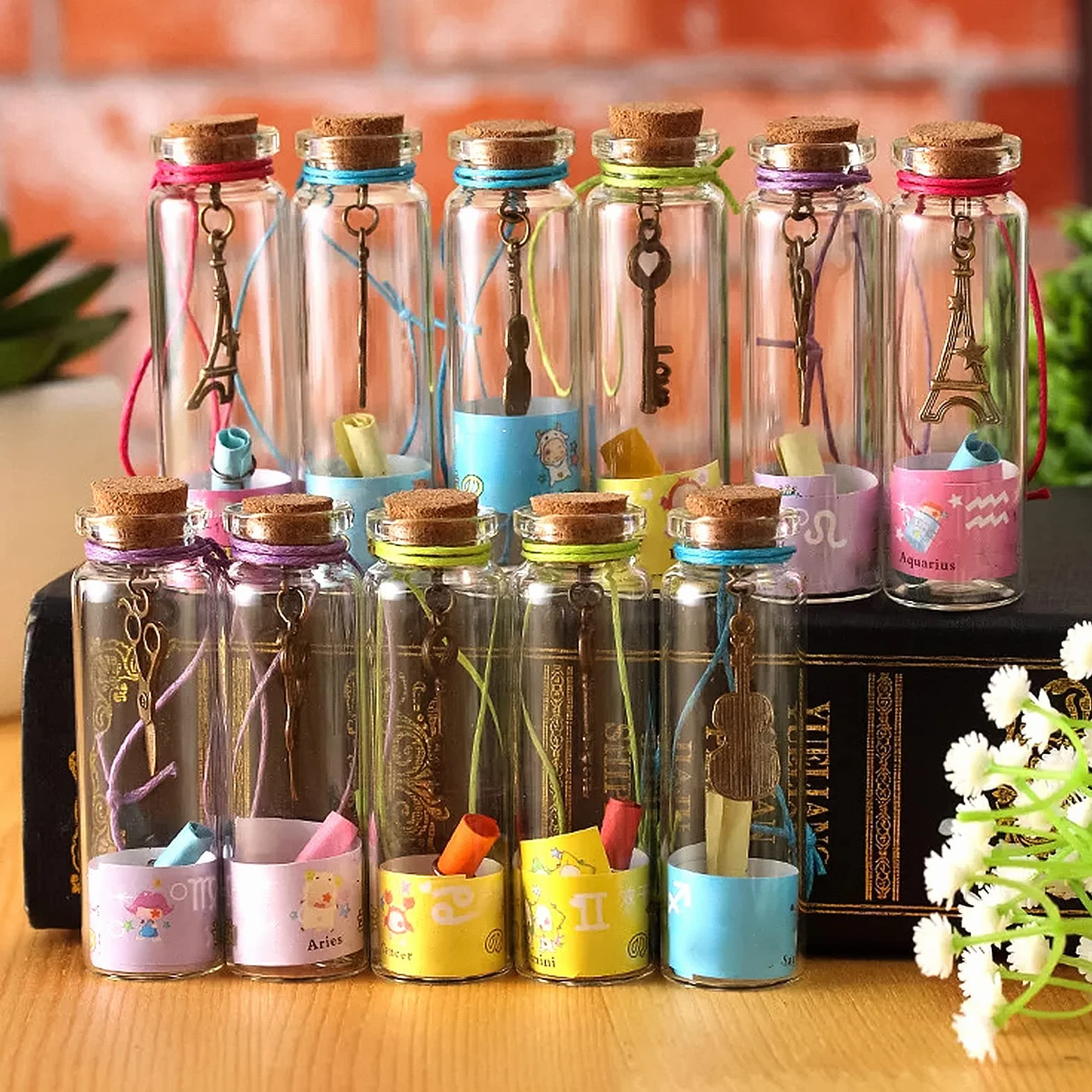 40 x mini butelki szklane z korkiem, 20 ml, do napełniania, jako prezent dla gości weselnych, z zawieszką