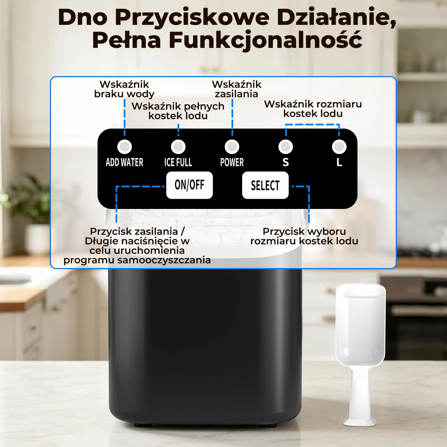 Maszyna do Lodu 12KG/24H Samoczyszczenie Zbiornik 1.2L 2 Rozmiary Kostek Lodu Czarny