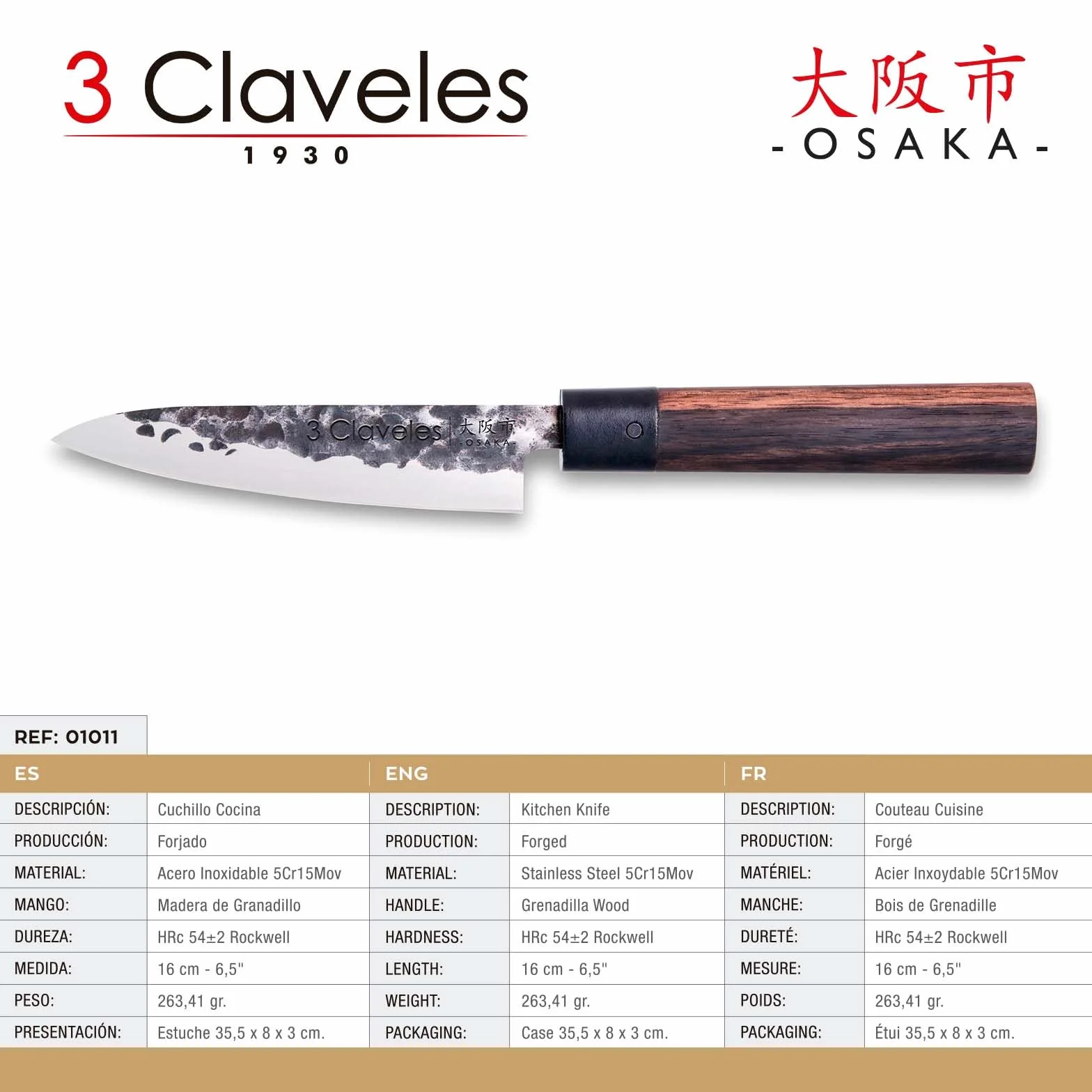 3 Claveles - Orientalny nóż kuchenny, drewniany uchwyt, stal szlachetna, linia Osaka - (16 cm - 6,5 cala), 1011