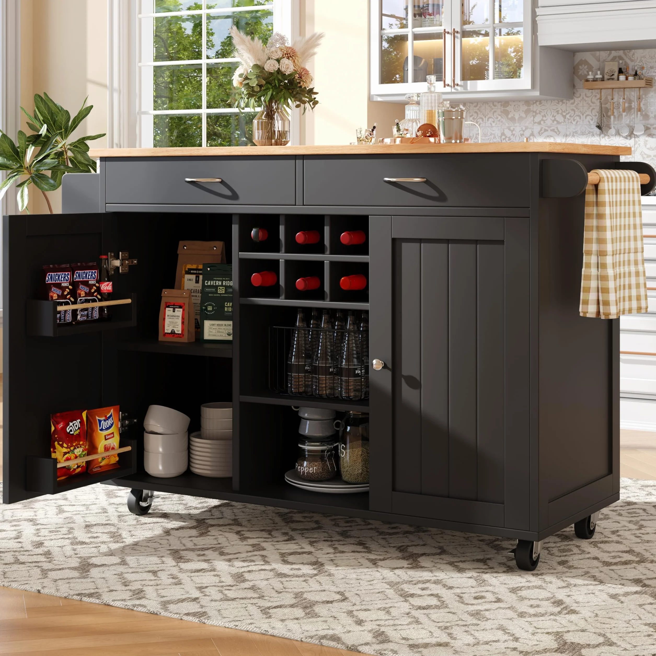 Wyspa kuchenna 102×45×92 cm, szafka z drewnianą fakturą, kredens bufetowy, stół jadalny z przechowywaniem