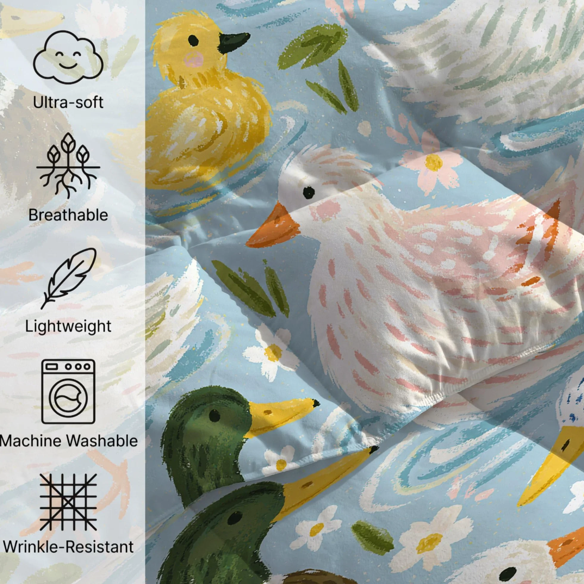 Duckling rustykalna kaczątko lilia wodna bez poszewki na kołdrę King (230 x 220 cm) 4,5 Tog, letnia kołdra z nadrukiem, dwustronna, lekka pościel z 2 poszewkami na poduszki (50 x 75 cm), niebieska
