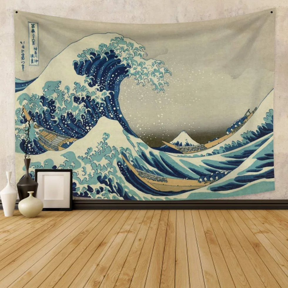 YONGFOTO 150 x 130 cm japoński gobelin Ukiyo-E, wielka fala wisząca na ścianie kanagawa łódź włókno poliestrowe gobelin na werandę dekoracja salon akademik narzuta na łóżko sztuka ścienna