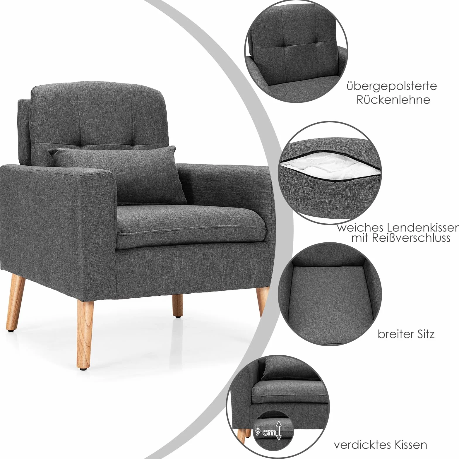 COSTWAY Fotel relaksacyjny z podłokietnikami i poduszką pod plecy, pojedyncza sofa tapicerowana, fotel telewizyjny, szary, fotel klubowy do salonu, sypialni i biura, JV10104GRDE