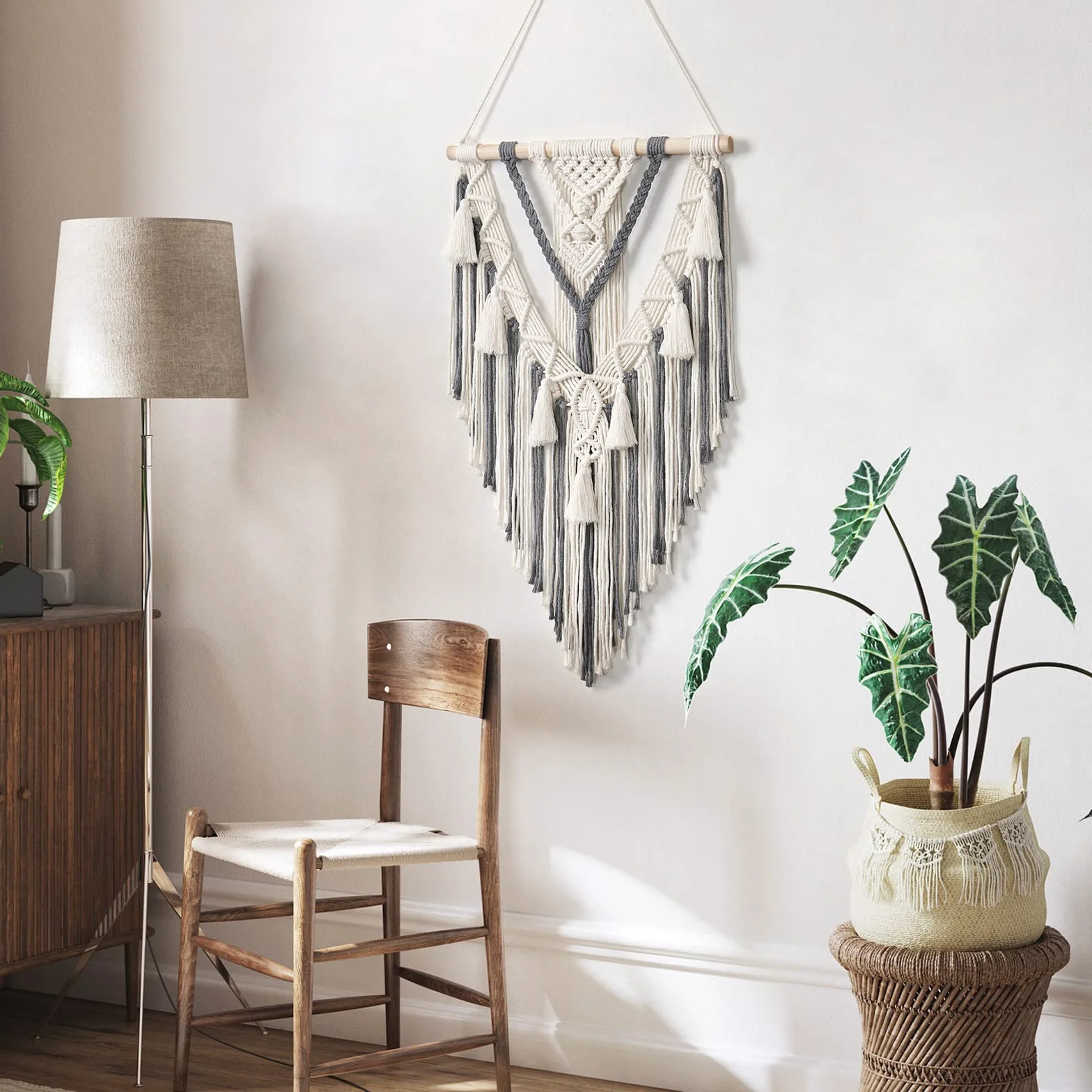Dremisland Boho makrama wiszący geometryczny tkany gobelin beżowo-szary bawełna ręcznie robiony z frędzlami