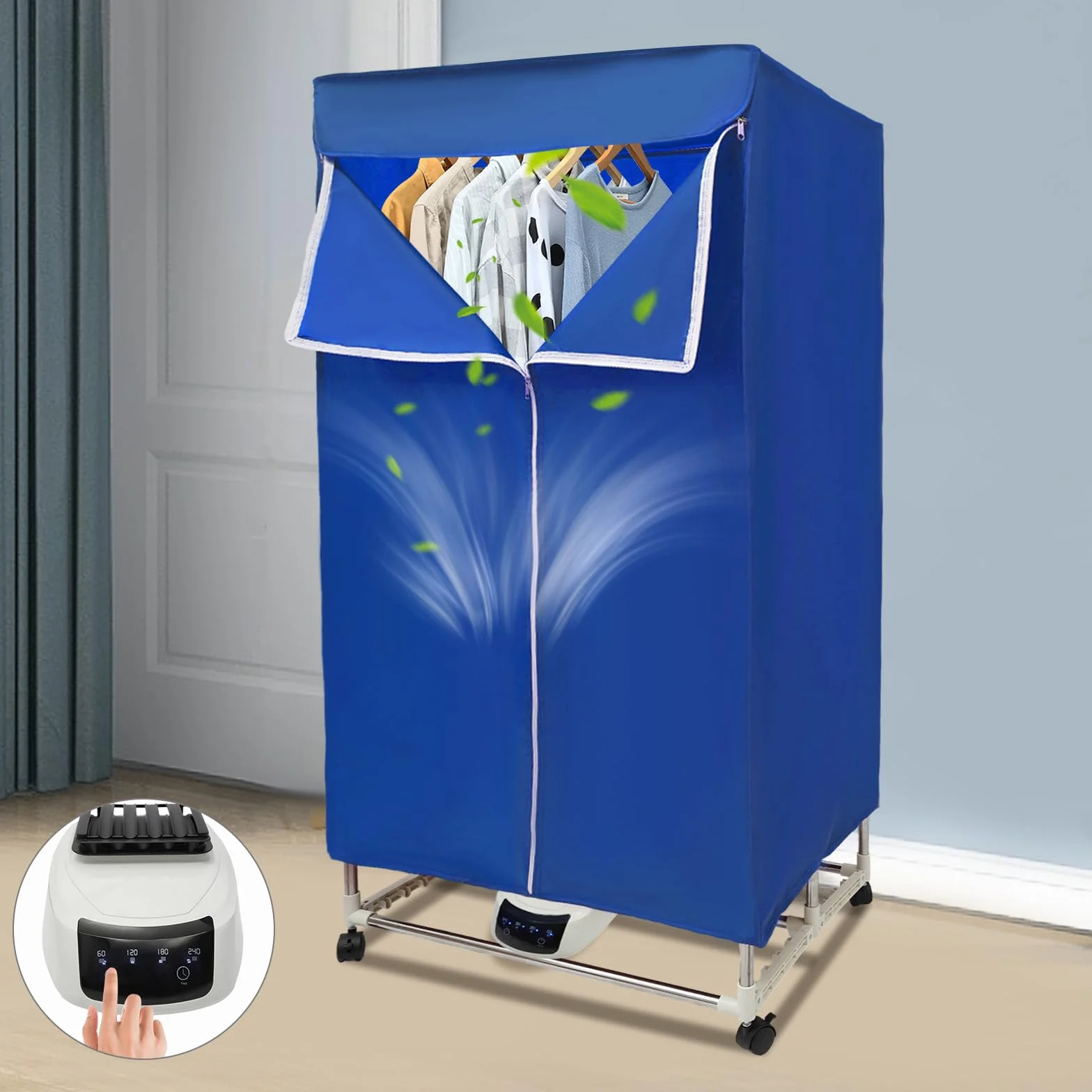 Suszarka na pranie, 1500 W, suszarka na ciepłe powietrze, przenośna, elektryczna suszarka do domu, mała suszarka z timerem, mobilna suszarka na ubrania, składana, IPX1 (niebieska)